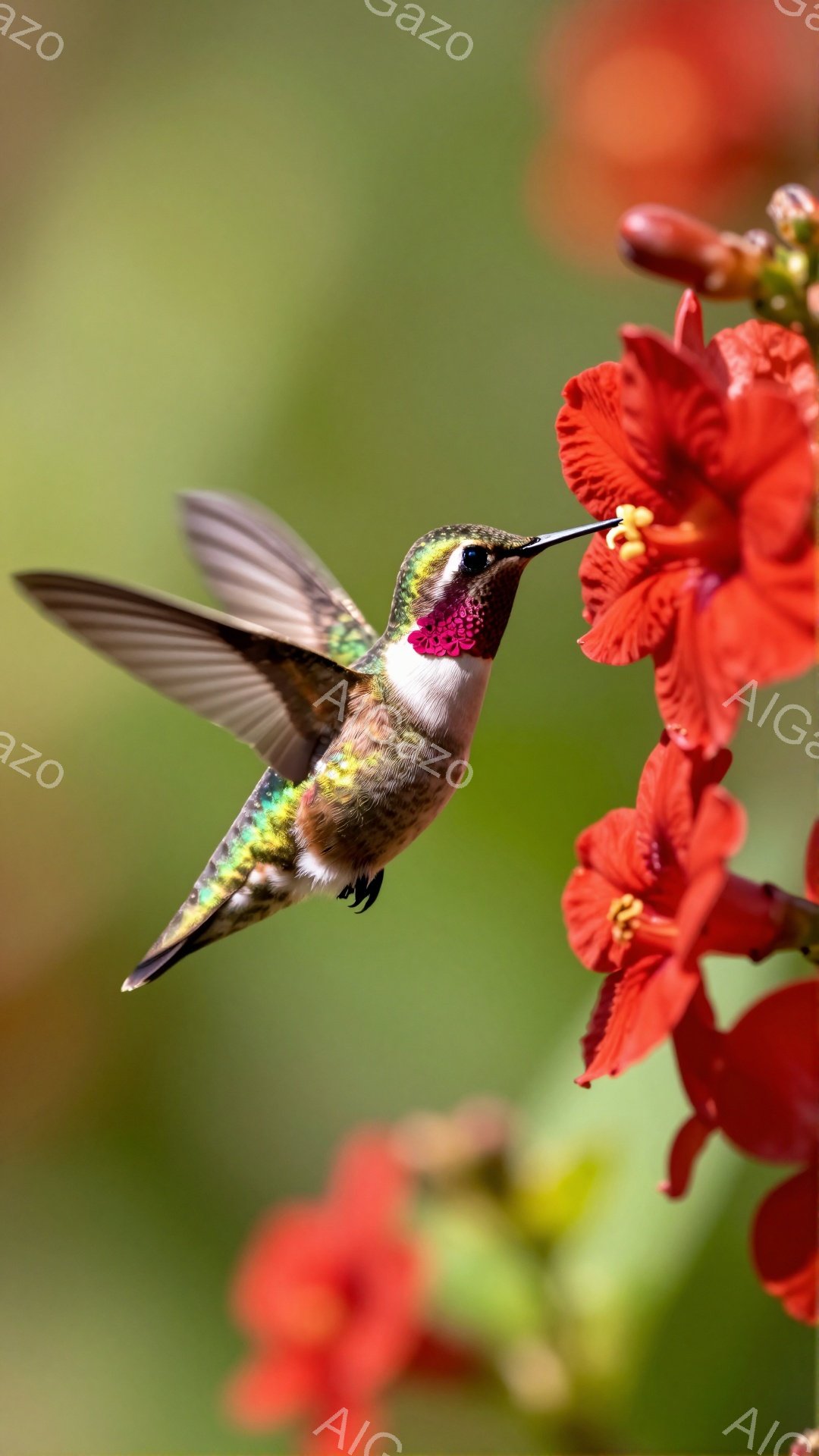 鮮やかな赤い花に、緑と紫色のハチドリが蜜を吸っています。ハチドリの翼はぼやけており、急速に動いていることがわかります。背景は緑色で、植物が密集しており、夏の暖かい日の様子が伺えます。