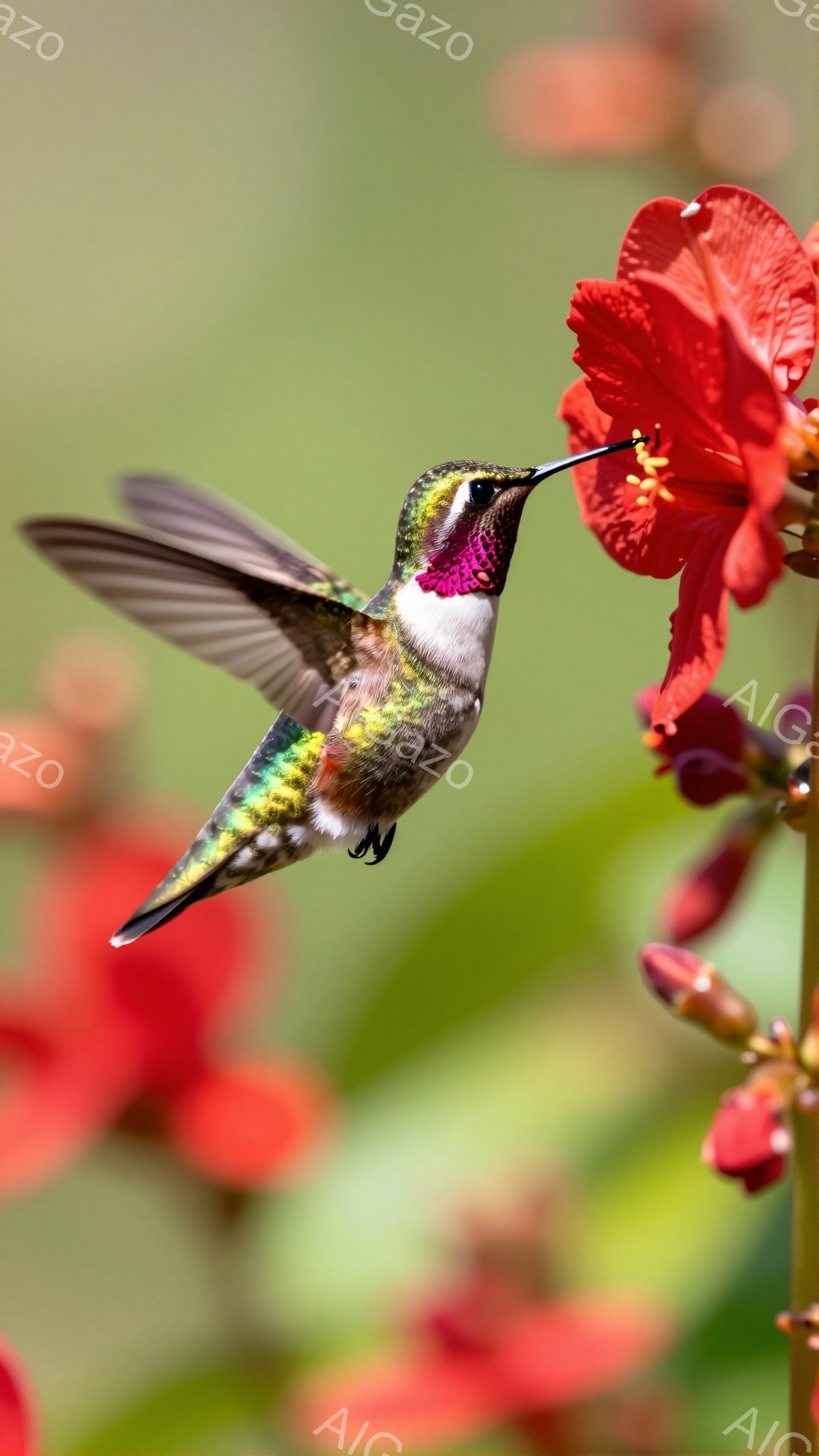 鮮やかな赤いハイビスカスに、緑と紫の美しいハチドリが蜜を吸っています。ハチドリの翼はぼやけており、空中で静止しているように見え、その羽の色が光を反射して輝いています。背景は緑豊かな植物で、自然の生命力溢れる瞬間を捉えています。
