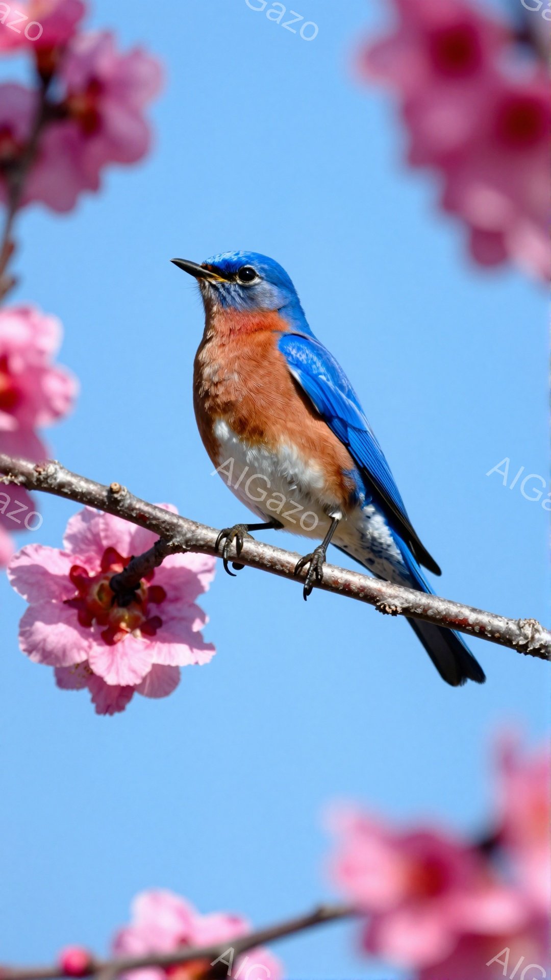 青い鳥が桜の枝に止まっています。鮮やかな青とオレンジ色の羽が美しく、背景の青空と桜の花が春らしい雰囲気を演出しています。穏やかな光の中で、自然の静けさが感じられます。 - AI生成フリー素材