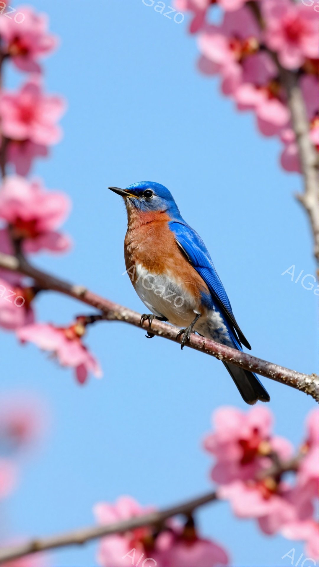 青い鳥が桜の枝にとまっている。空は澄んだ青色で、背景の桜の花がぼんやりと咲いている。春の訪れを感じさせる、穏やかで美しい光景だ。 - AI生成フリー素材