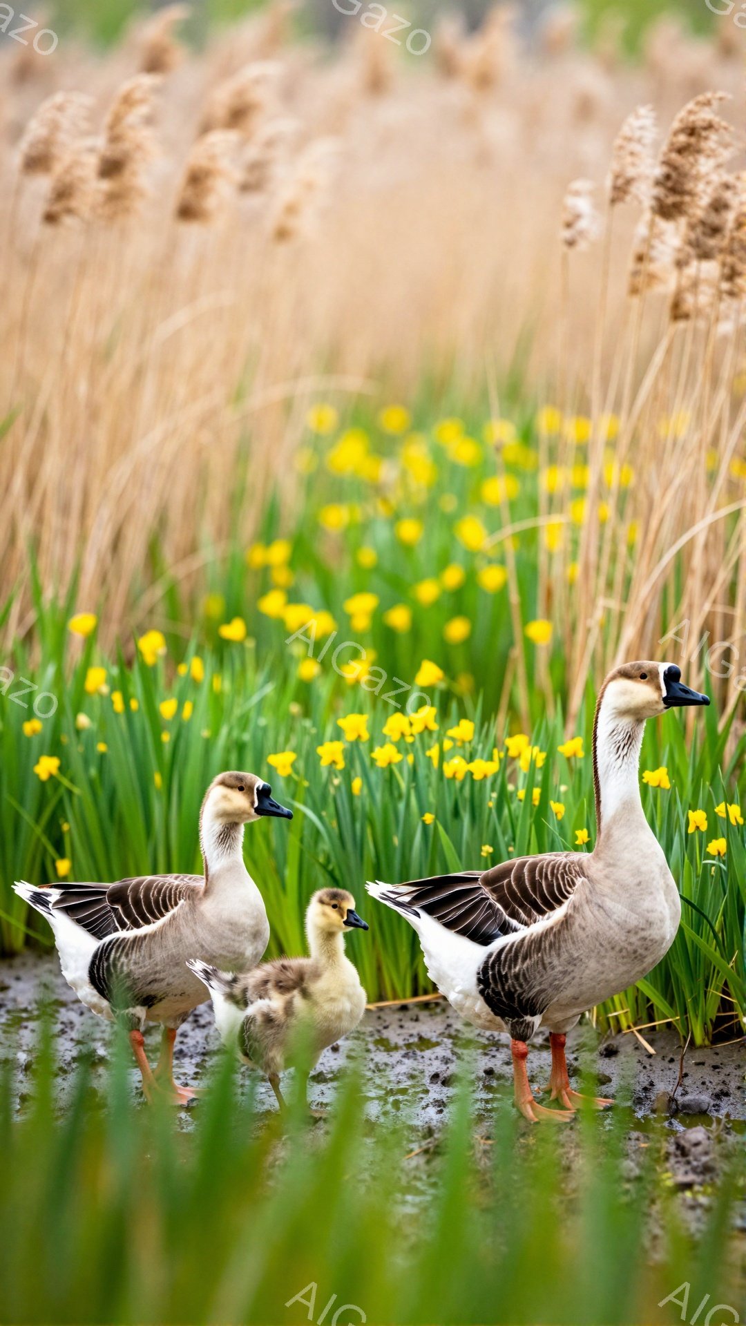 穏やかな水辺で、親ガチョウと子ガチョウが寄り添って立っている。背景には鮮やかな黄色の花が咲き乱れ、緑の草が茂っている。春の陽光が差し込み、暖かく柔らかな雰囲気を作り出している。 - AI生成フリー素材