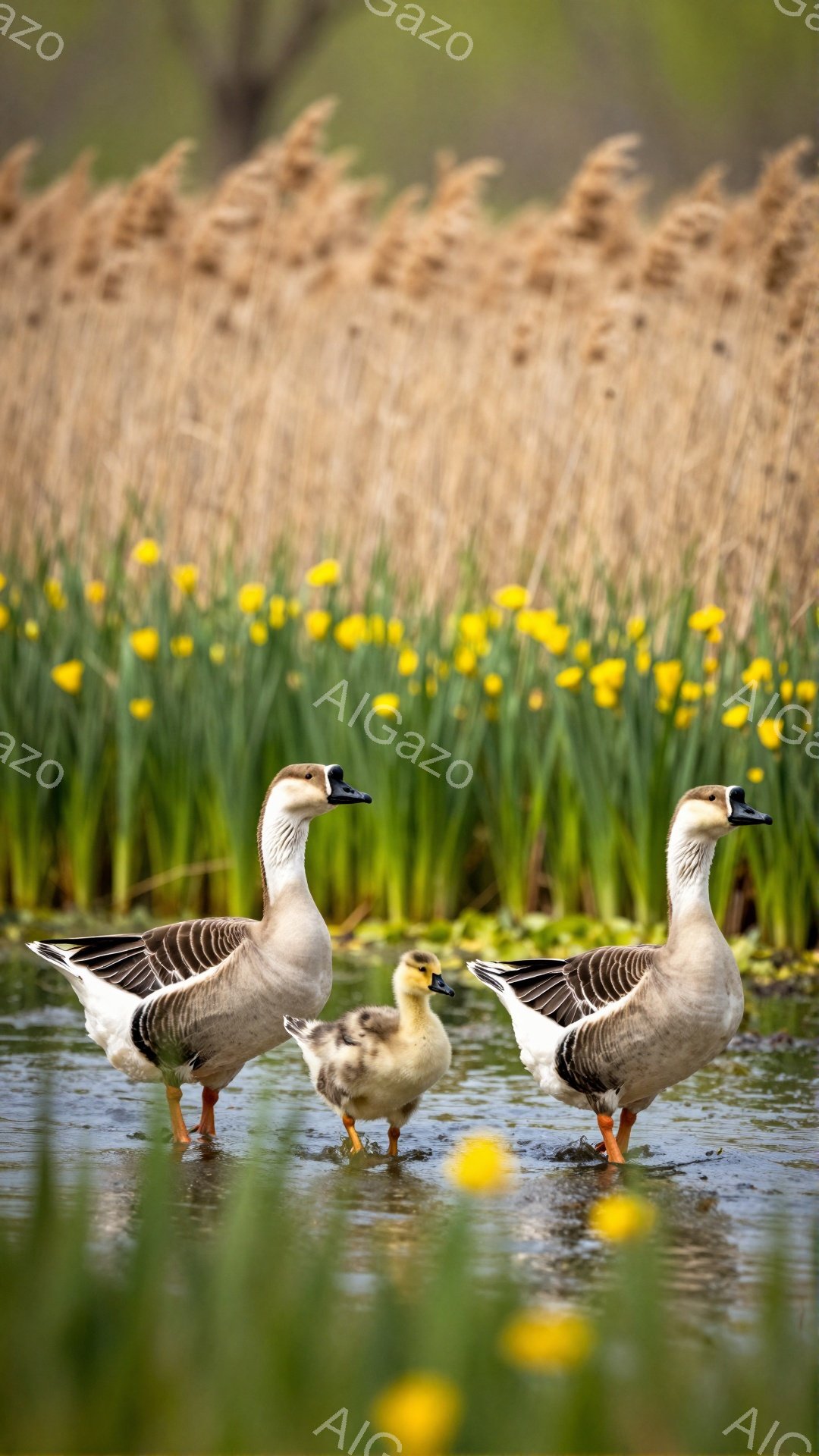 日当たりの良い水辺に、親ガチョウと子ガチョウが穏やかに佇んでいます。周りには黄色い花が咲き乱れ、春の暖かな雰囲気が漂っています。水面に反射する光が、生き物たちを優しく照らしています。 - AI生成フリー素材