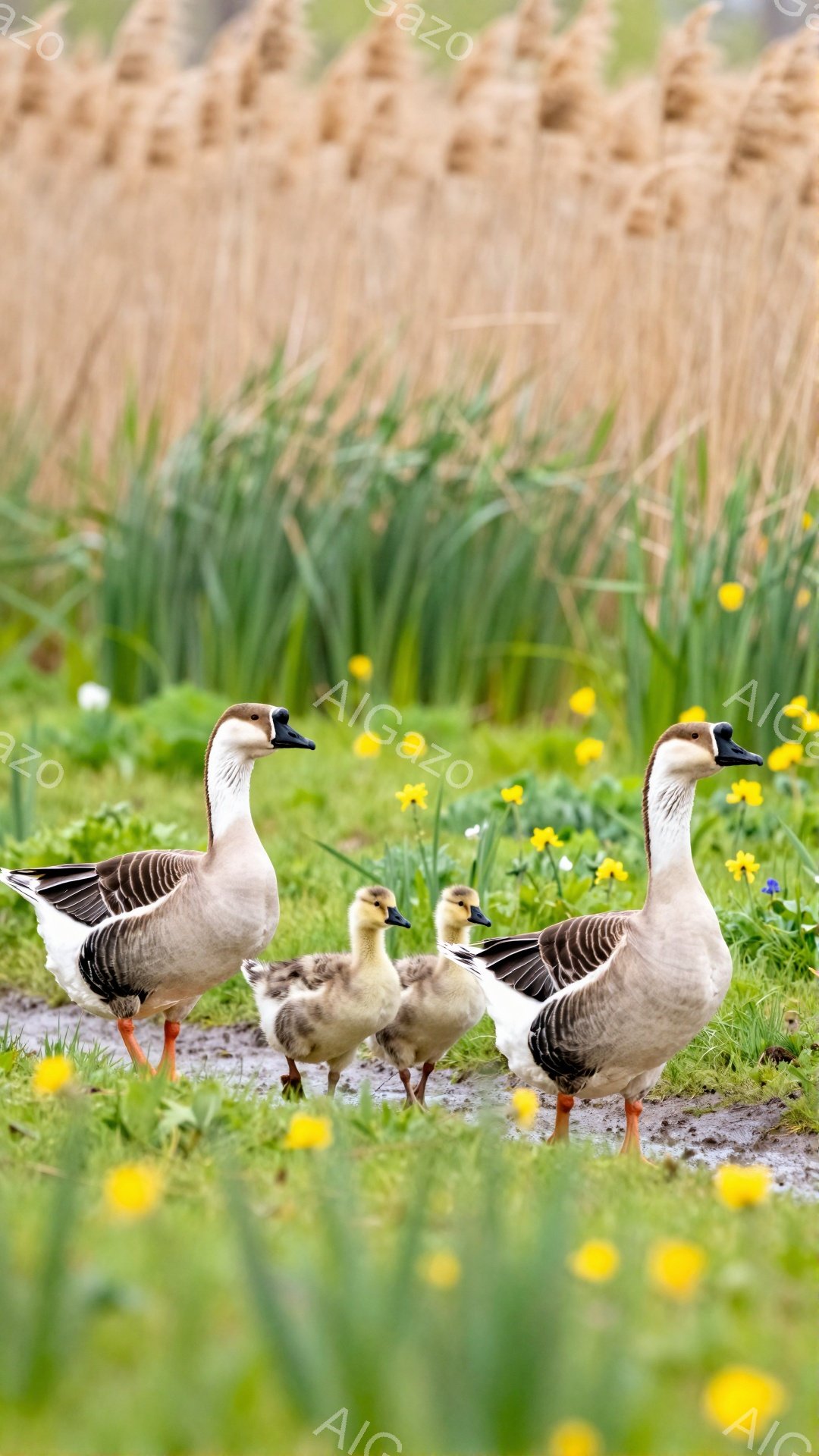 広々とした草原で、親ガチョウが２羽の子ガチョウと並んで歩いている。背中は白と黒の模様で、オレンジ色の足が特徴的だ。背景には背の高い草が生い茂り、黄色い花が点在している。