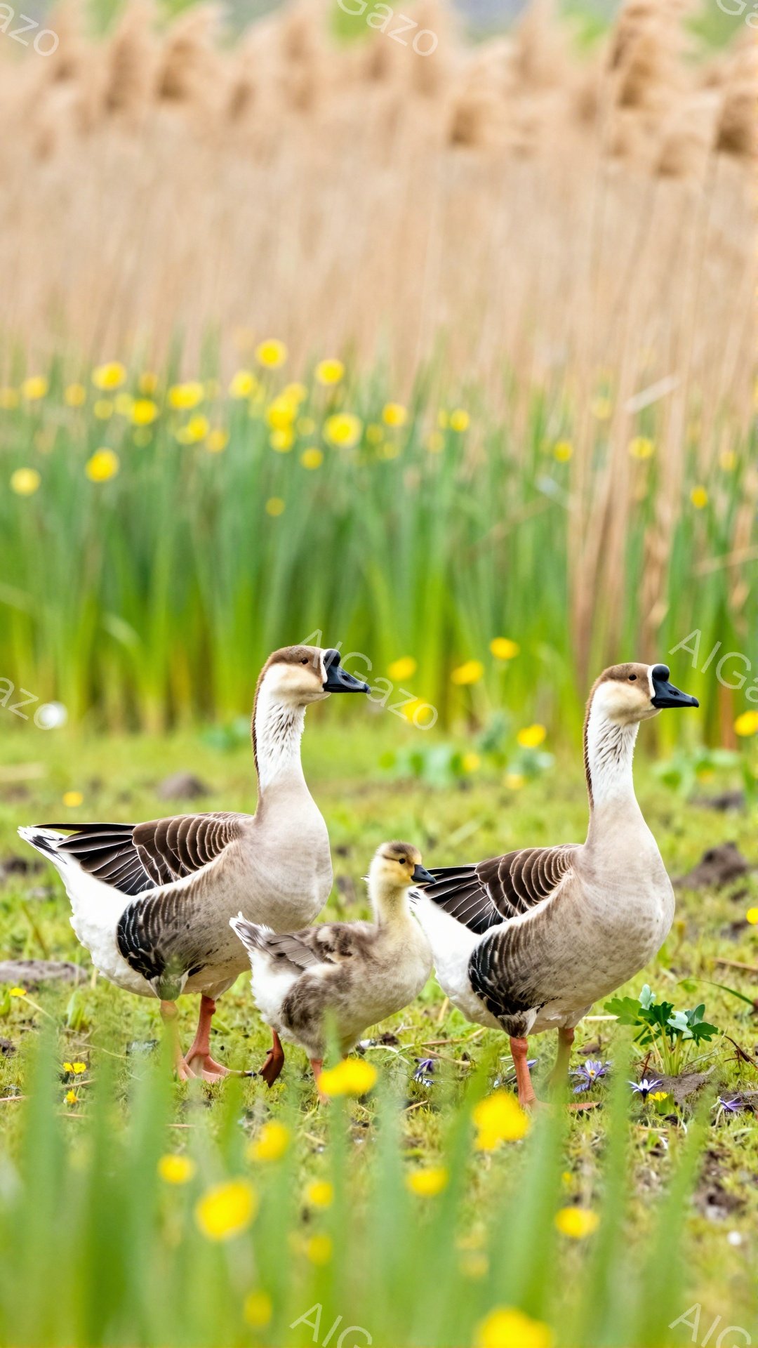 広大な草地に、親ガチョウとヒナガチョウが並んで立っている。背景には黄色い花が咲き乱れ、穏やかな春の雰囲気を醸し出している。ヒナは親の背に隠れ、守られている様子が伺える。