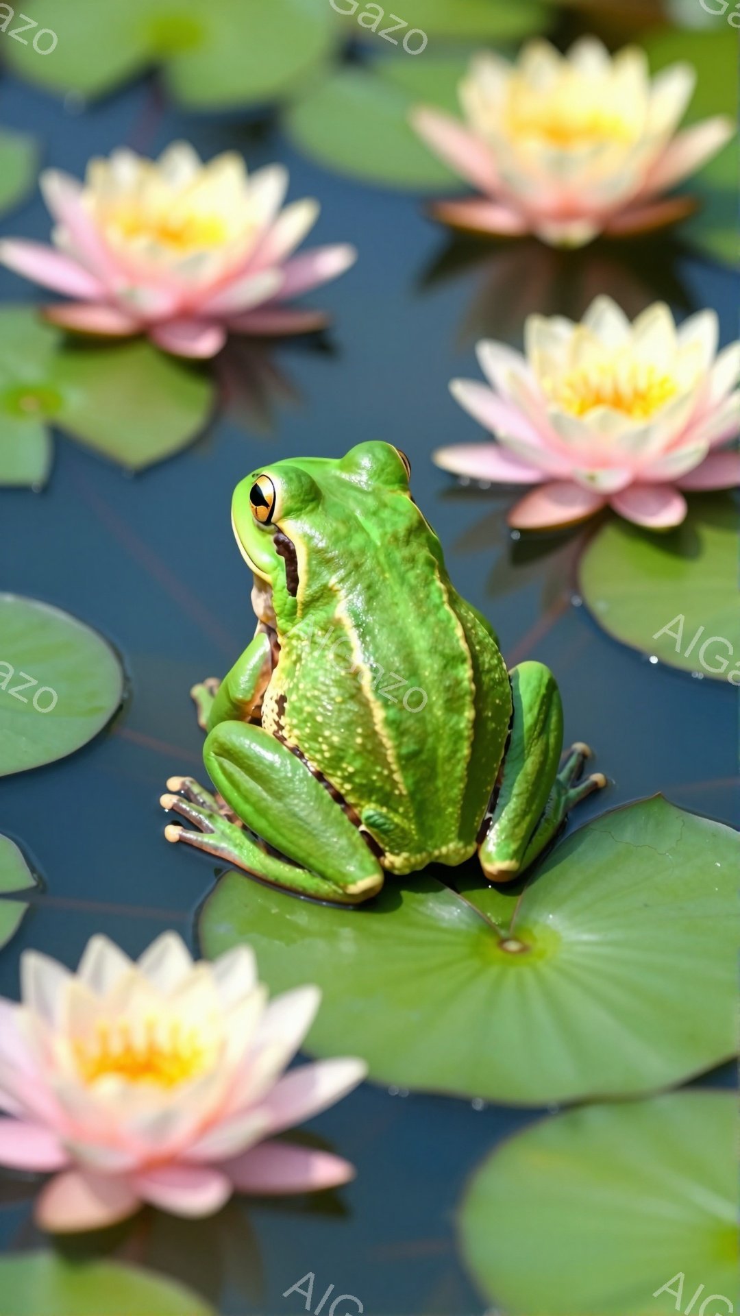緑色のカエルが水面に浮かぶ蓮の葉の上に座っています。 周囲にはピンク色の蓮の花が咲き乱れ、穏やかで平和な雰囲気を醸し出しています。 光が水面に反射し、幻想的な光景を作り出しています。