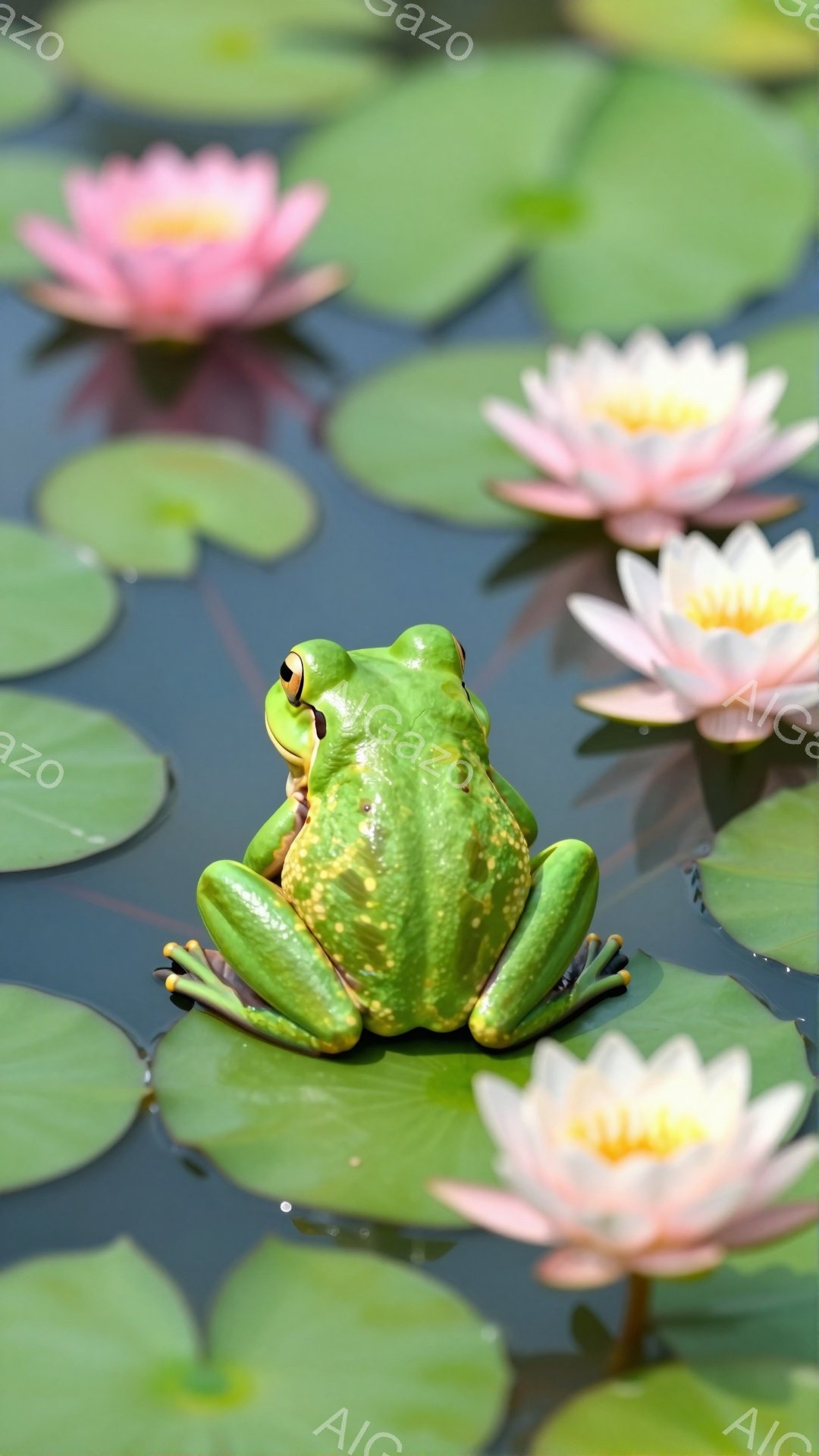 緑色のカエルが水面に浮かぶ睡蓮の葉の上に座っています。周りにはピンク色の美しい蓮の花が咲き、穏やかで静かな雰囲気を醸し出しています。水面は緑色で、カエルと蓮の花とのコントラストが鮮やかです。