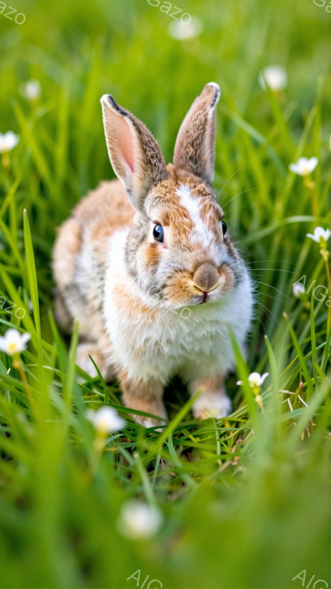 緑の草むらの中に、かわいらしい茶色のウサギが座っています。ウサギは前方をじっと見つめ、まるで何かを探しているようです。背景には小さな白い花が散りばめられ、穏やかで自然な雰囲気が漂っています。