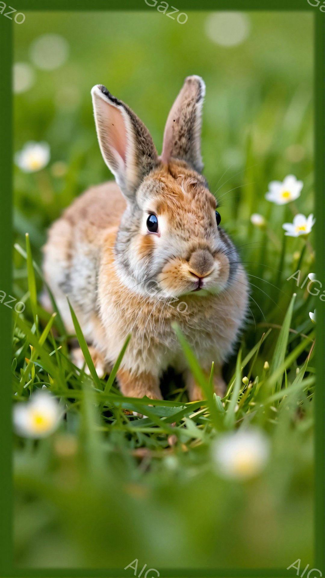 緑の草むらに佇む、ふわふわの茶色いウサギがいます。ウサギは前足を伸ばし、好奇心旺盛な表情でこちらを見つめています。背景には白い花が点在し、穏やかな春の日の雰囲気を醸し出しています。