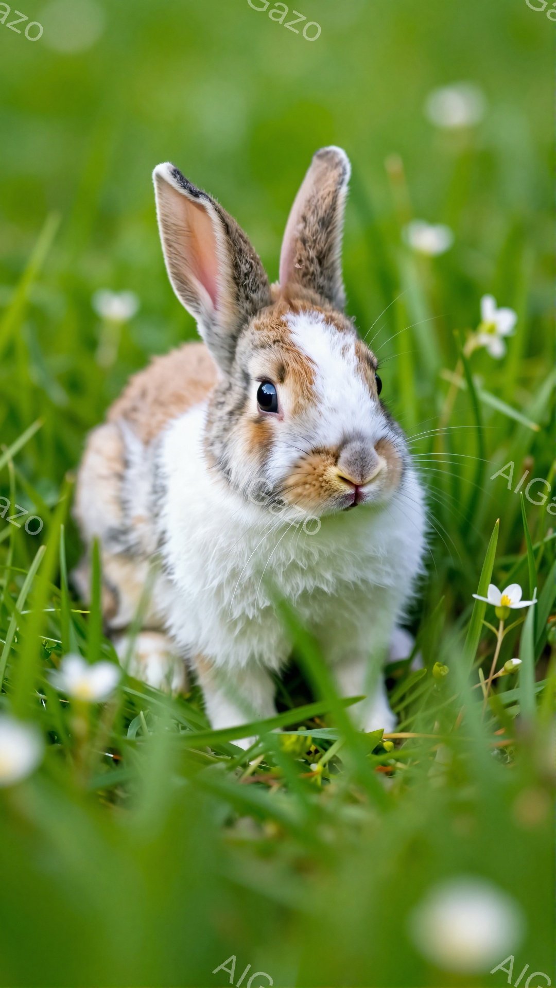 緑の草の上で白いウサギが正面を見ている。ウサギは茶色と白の毛並みで、大きな耳を立てて好奇心旺盛な表情をしている。背景には小さな白い花が点在し、春らしい穏やかな雰囲気が漂っている。 - AI生成フリー素材