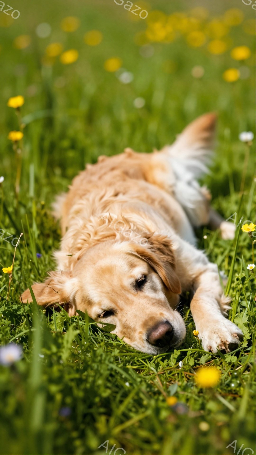 緑の草むらの中で、ゴールデンレトリバーが横たわっています。日差しを浴びてリラックスした様子で、周囲の黄色い花々が春の穏やかな雰囲気を演出しています。犬の優しい表情と自然の背景が、平和で穏やかな光景を作 - AI生成フリー素材