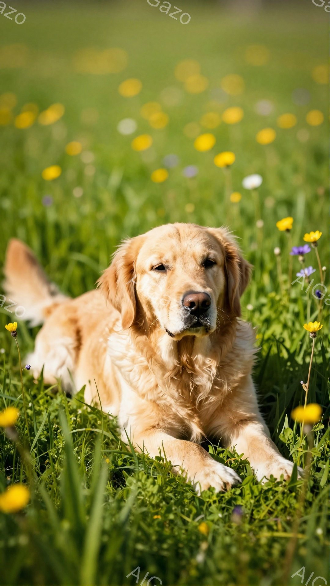 広大な緑の草原に、ゴールデンレトリバーが横たわっています。優しい表情でカメラを見つめ、周囲の黄色い花々が春の暖かさを演出しています。穏やかで平和な雰囲気が漂う、美しい光景です。