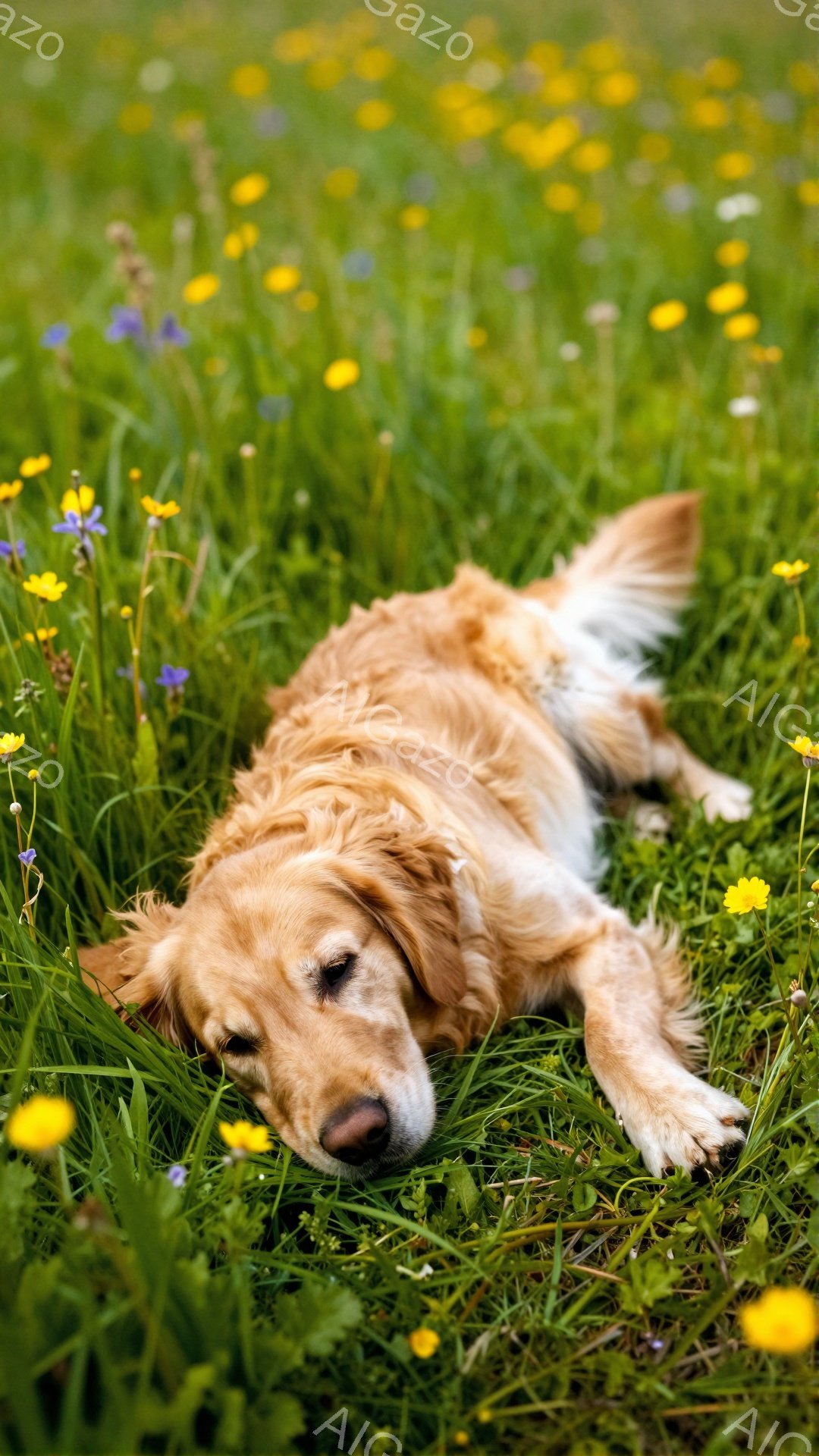 広々とした緑の草原にゴールデンレトリバーが横たわっています。鮮やかな黄色い花々が咲き乱れ、穏やかな春の日の雰囲気を醸し出しています。犬はリラックスした様子で目を閉じ、幸せな時間を過ごしているようです。