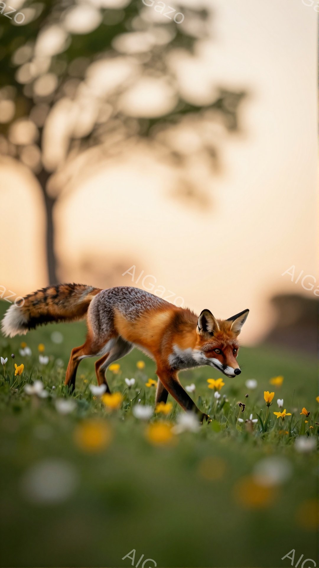 明るい草原を駆け抜ける、美しい毛並みのキツネが写っている。夕焼けの光が柔らかくあたりを照らし、花々が咲き乱れる中、キツネは活発に動き回っている。背景にはぼんやりと木々が見え、暖かく穏やかな雰囲気が漂う。