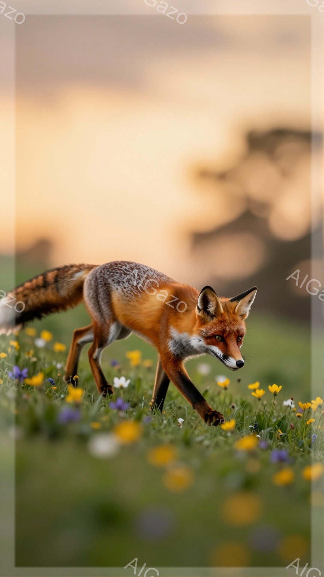 広大な草原を駆け抜けるキツネが写っています。夕暮れ時の柔らかな光が草原を照らし、キツネの毛並みを金色に輝かせています。周囲には色とりどりの野花が咲き乱れ、穏やかな雰囲気を醸し出しています。