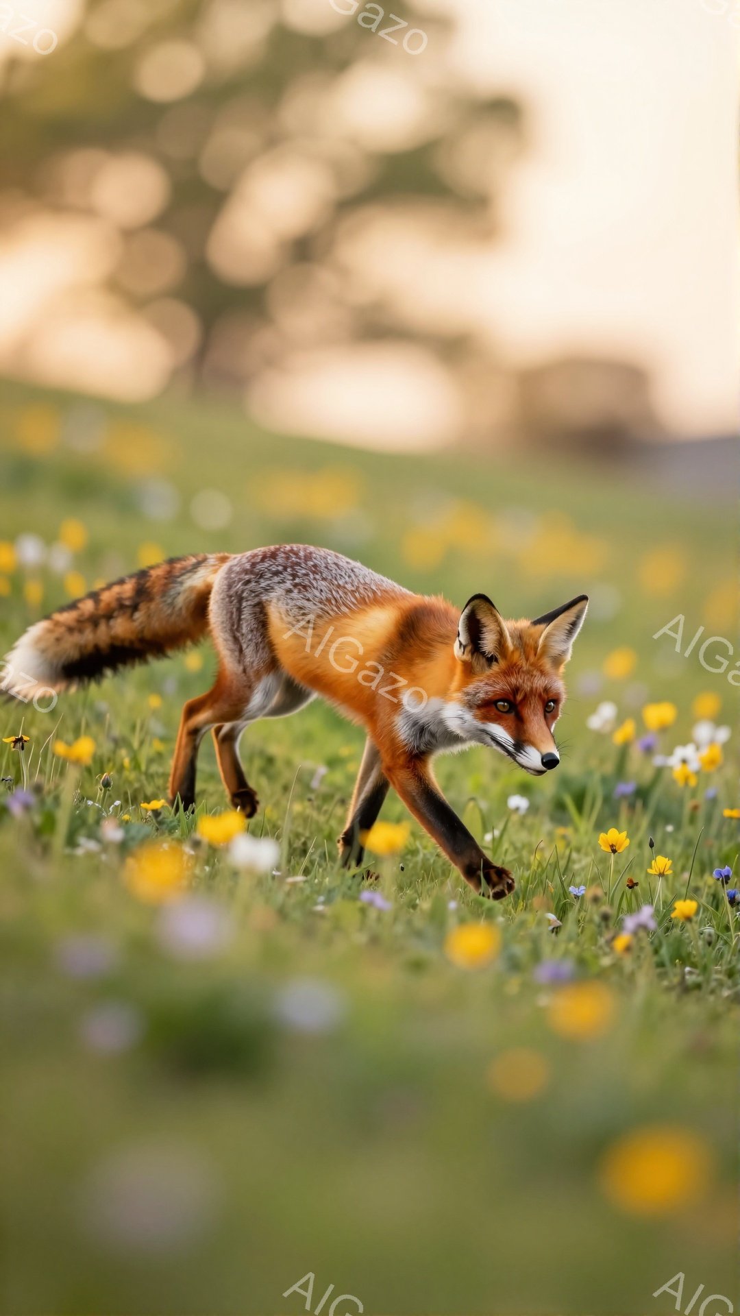 広々とした緑の草原を、毛並みの美しい狐が活発に駆け抜けている。夕暮れ時の柔らかい光が、草原を照らし、狐の毛並みを鮮やかに映し出している。周囲には黄色や白色の野花が咲き乱れ、穏やかで平和な雰囲気を醸し出している。