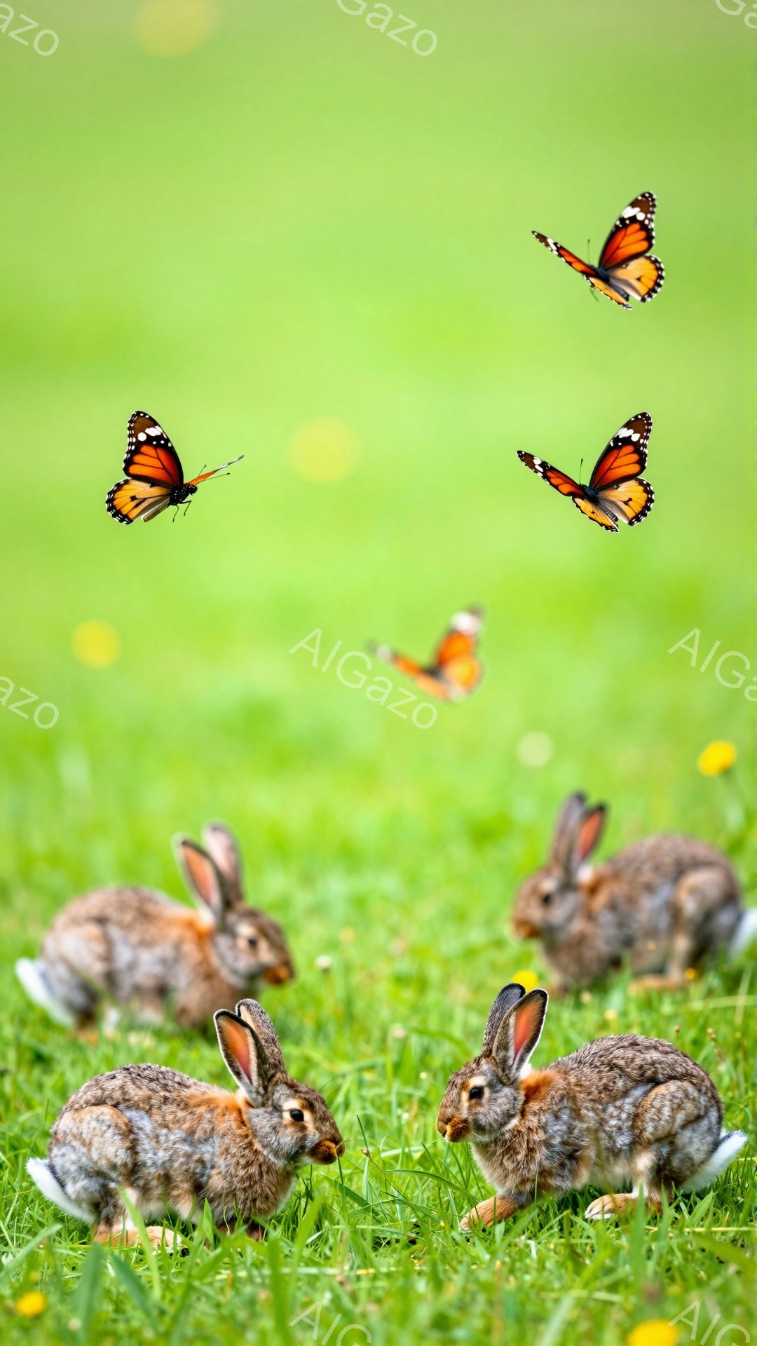 緑の草むらに数匹のウサギがいます。ウサギたちは草を食べており、その中に一匹の蝶が舞っています。春の穏やかな日の光が差し込み、暖かく優しい雰囲気を醸し出しています。 - AI生成フリー素材