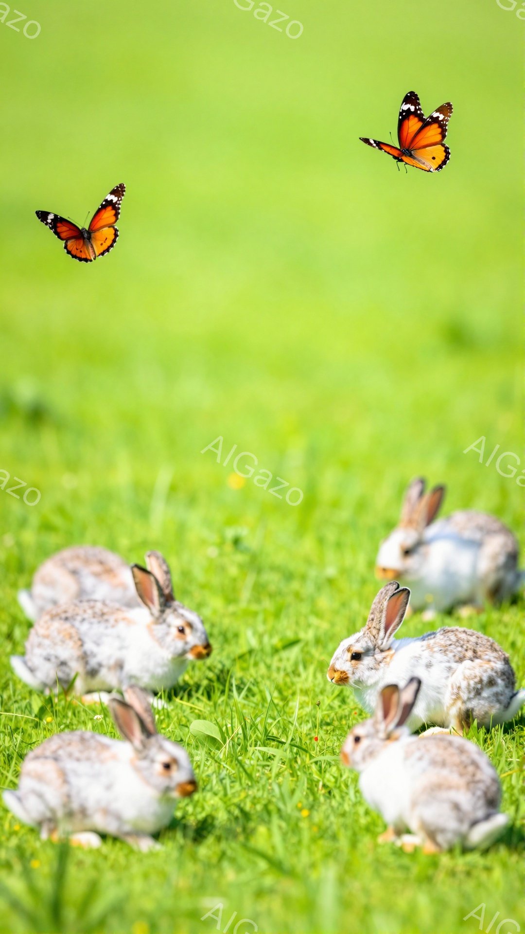 緑の草むらで、多くのウサギが群れをなし、草を食べたり、リラックスしたりしている。オレンジと黒の模様の蝶が空を舞い、平和で穏やかな雰囲気を醸し出している。背景は鮮やかな緑色で、自然の美しさを際立たせてい - AI生成フリー素材