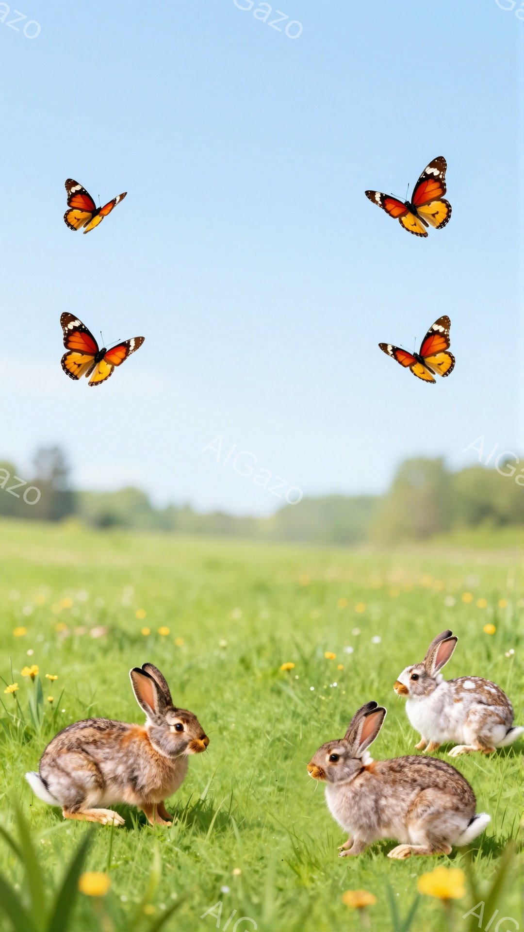 広々とした緑の草原で、数匹のウサギが草を食んでいます。蝶がいくつか飛び交っており、穏やかで平和な雰囲気です。遠くには緑の丘が見え、春または夏の晴れた一日を描写しています。 - AI生成フリー素材