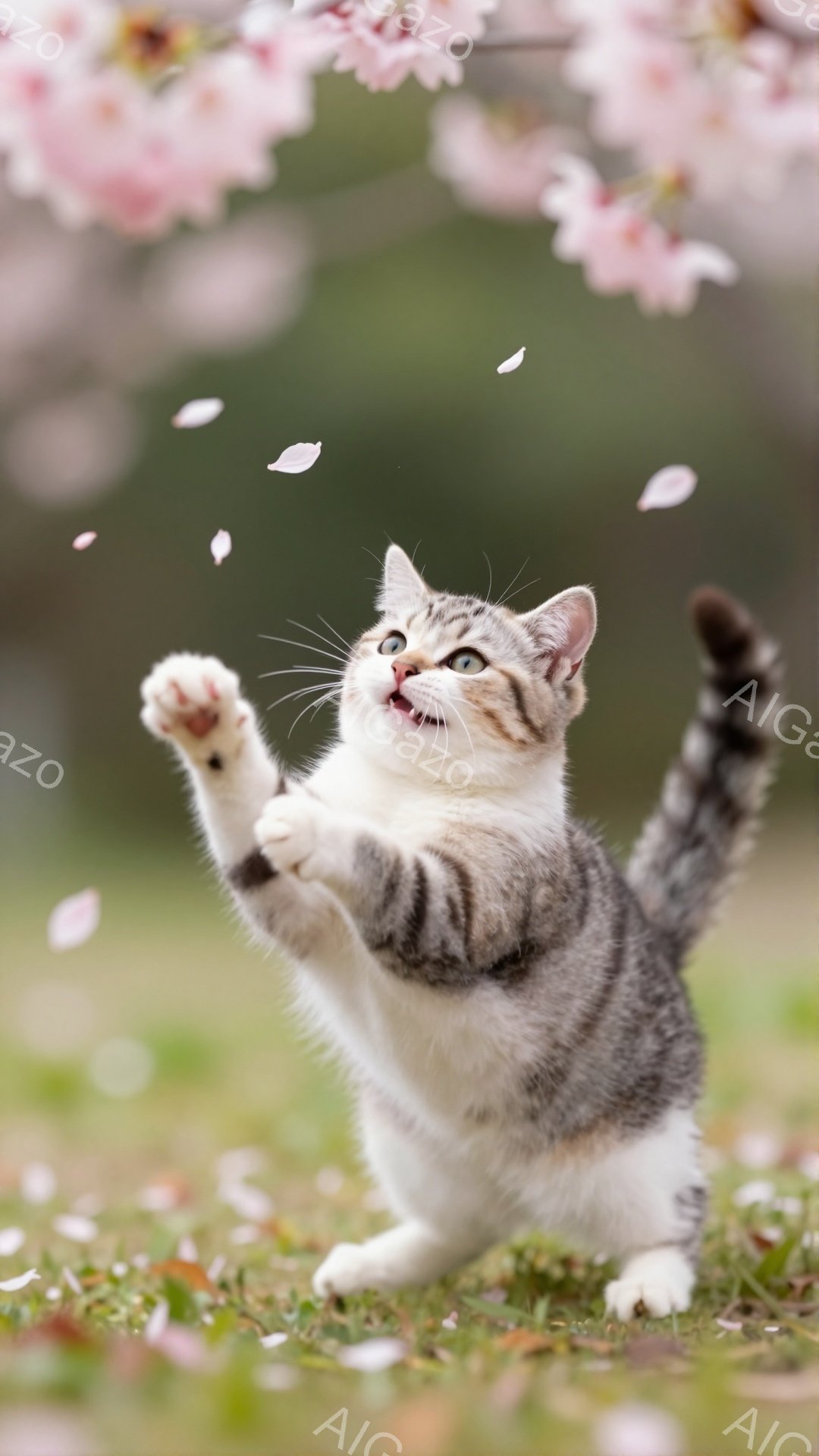 桜の木の下で、子猫が前足で桜の花びらを捕まえようとしています。緑の草の上に立ち、嬉しそうに空を見上げています。背景にはぼやけた桜の花が咲き乱れ、春の暖かな雰囲気が漂っています。