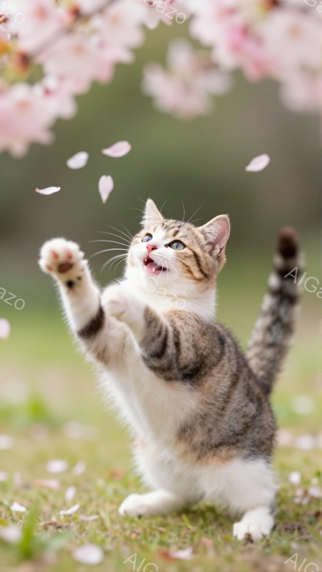 春の穏やかな日に、子猫が桜の花びらを追いかけて遊んでいる。緑の草の上に立ち、前足で花びらを掴もうとしていて、とても可愛らしい姿だ。背景にはぼんやりと桜の木が見え、優しい春の雰囲気が漂っている。