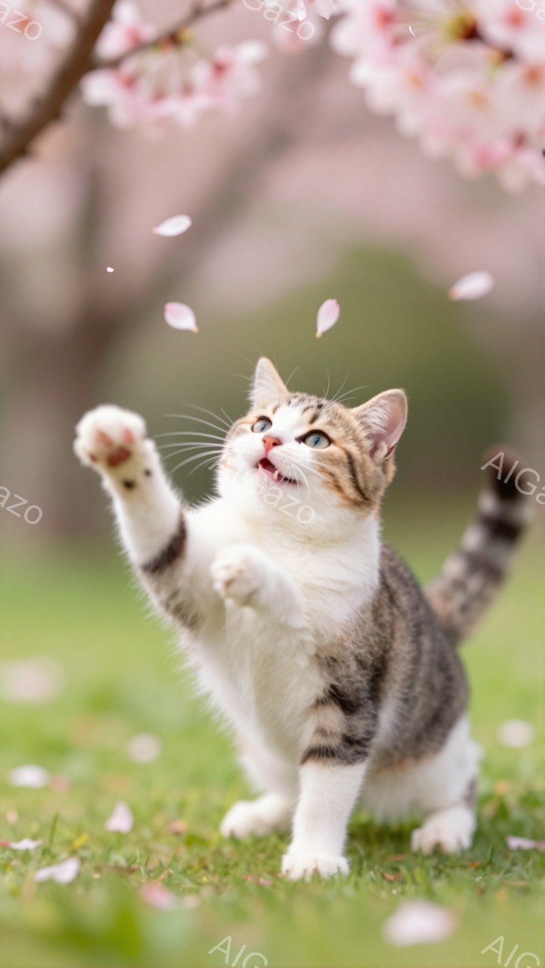 白と茶色の縞模様の猫が、桜の花びらが舞う緑の草の上で前足で何かをつかもうとしています。猫は口を開けており、遊び心に満ちた表情をしています。背景には桜の木が見え、春の暖かく穏やかな雰囲気が漂っています。