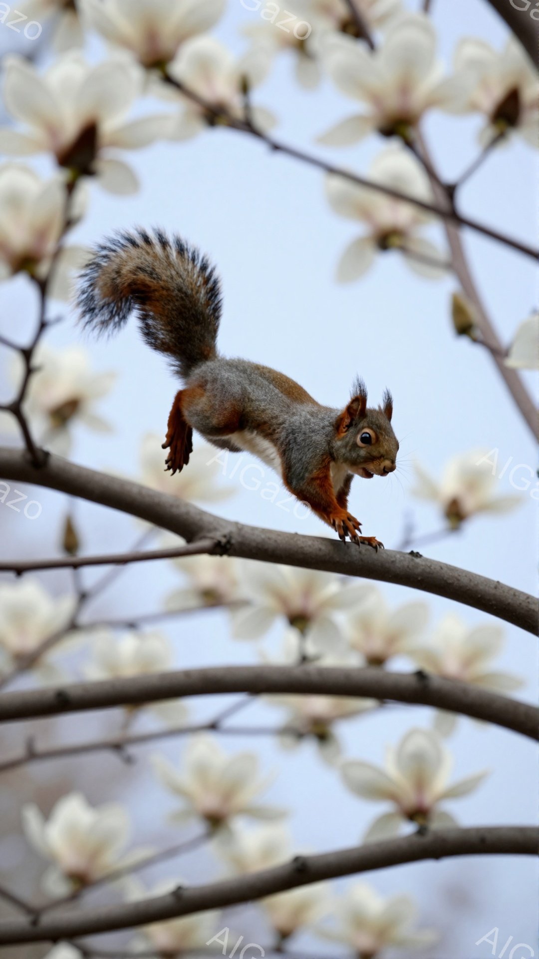 白い木の花の枝にリスがとびつき、まるで空中を歩いているかのような躍動感あふれる瞬間が捉えられています。リスの毛並みは鮮やかな赤茶色で、ふさふさとした尾が特徴的です。背景にはぼんやりと他の花々が見え、春の暖かい雰囲気を醸し出しています。
