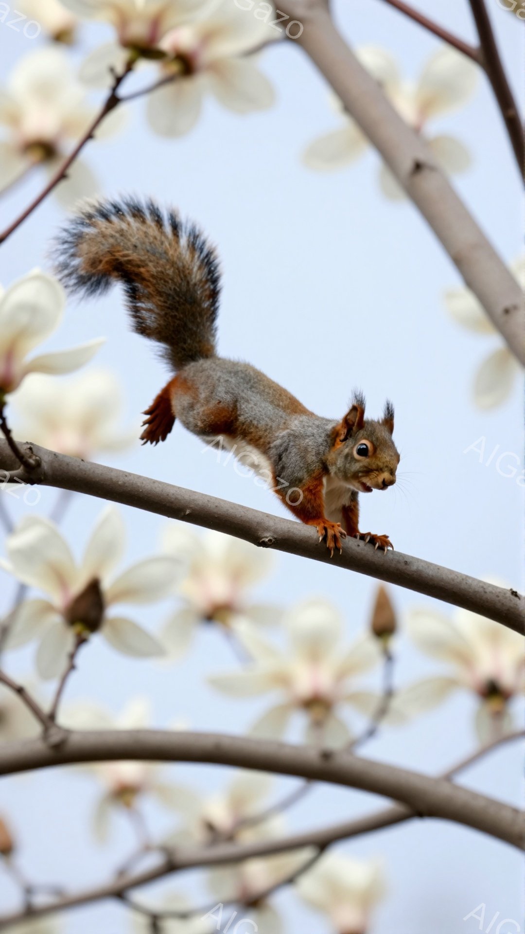 リスがマグノリアの枝にとまっており、顔を上げて何かを見ているようです。背景には淡い色のマグノリアの花が咲き乱れ、春の穏やかな雰囲気が漂っています。リスの毛並みは赤茶色とグレーで、ふさふさとした尾が特徴的です。