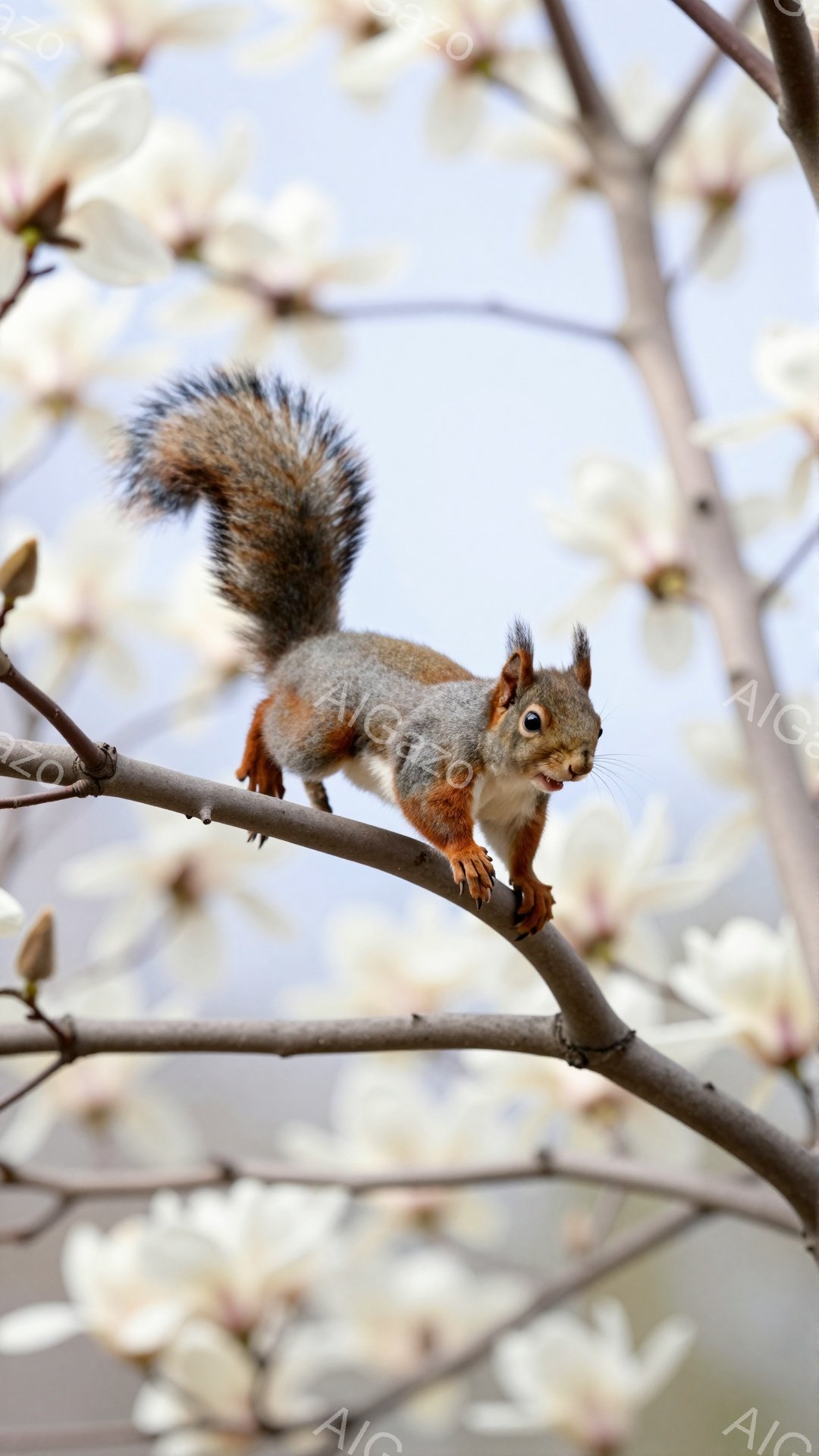 リスが桜の枝にしがみついています。ふっくらとした尻尾を高く掲げ、何かを見つけて興奮しているような表情をしています。背景には淡いピンク色の桜の花びらがぼんやりと映り、春の穏やかな雰囲気が漂っています。