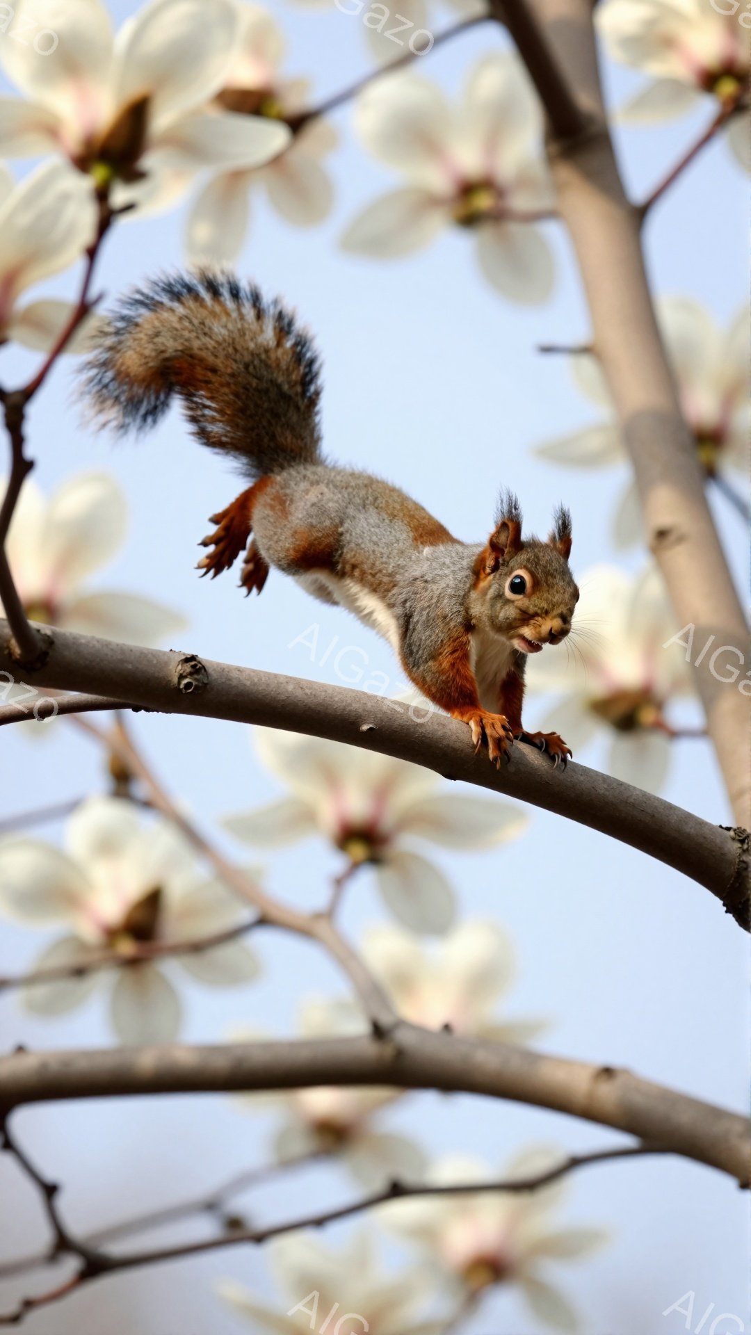 リスがマグノリアの枝にとまっていて、前足を伸ばしてバランスをとっています。背景には淡い色のマグノリアの花が咲き誇り、春らしい柔らかい雰囲気を演出しています。リスの毛並みは鮮やかで、その表情は好奇心に満ちています。