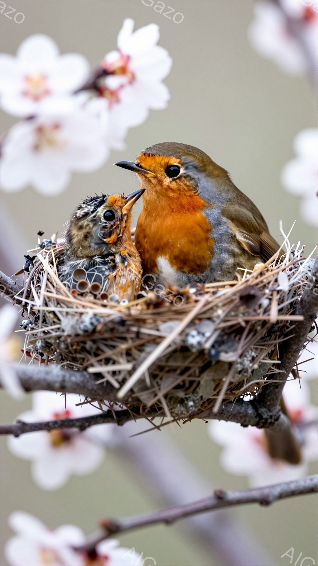 赤い胸を持つ親鳥が、巣の中で口を開けて餌をねだる雛に食べさせている。背景には薄いピンク色の桜の花がぼんやりと見え、春の暖かさを感じさせる。巣は木の枝にしっかりと固定されており、穏やかな情景が描かれている。