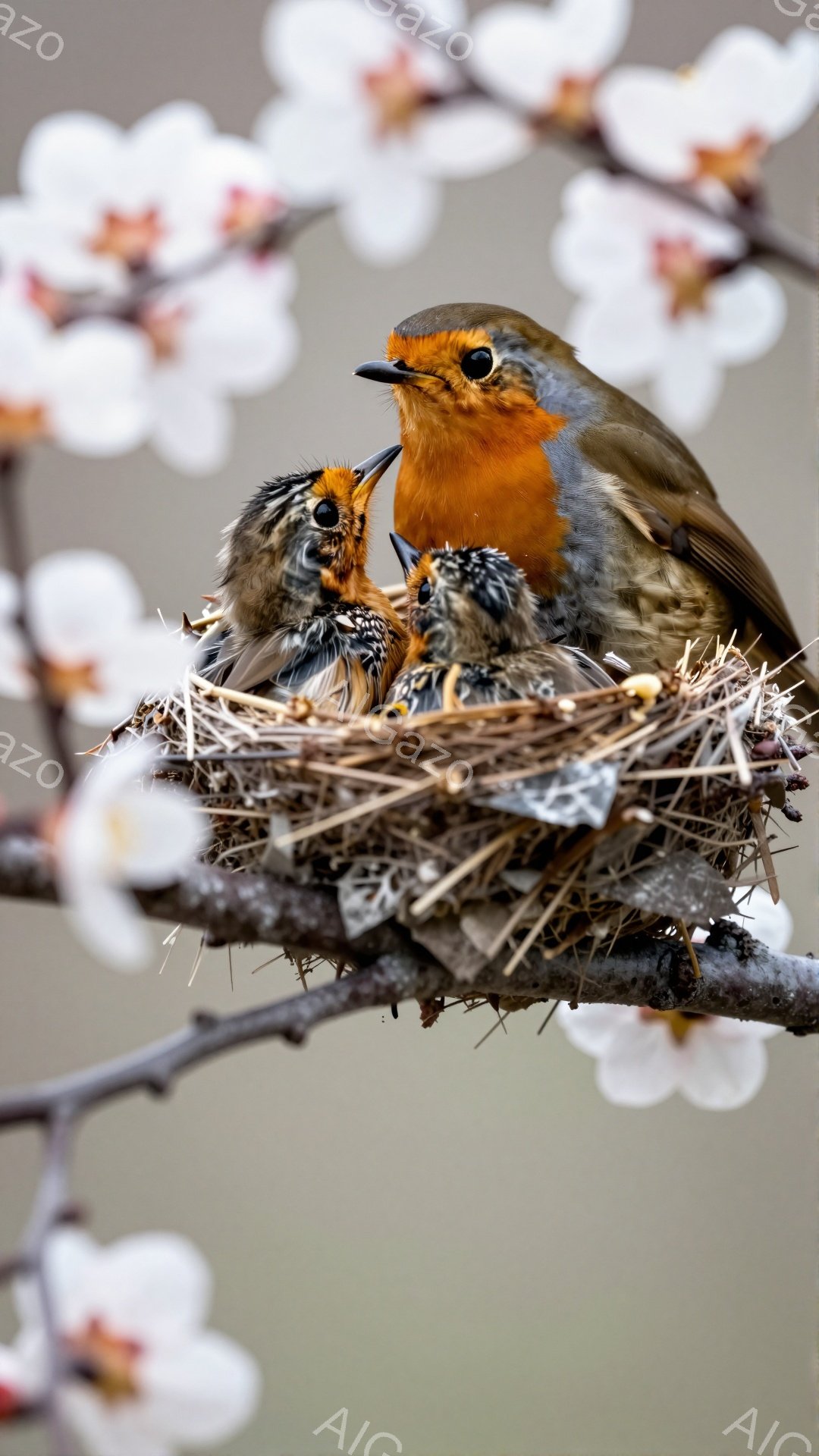 枝に巣を作るアカハラが写っている。親鳥は口を開けて雛に餌を与えようとしており、雛たちは口を大きく開けて待っている。背景には白く可憐な花が咲き乱れ、春の穏やかな雰囲気を醸し出している。