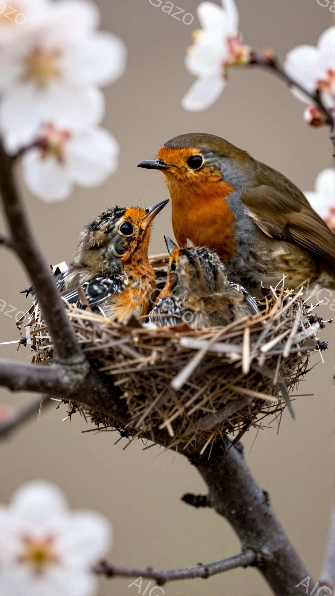 白い花が咲き誇る枝に、赤い胸を持つヨーロッパコマドリが巣で雛に餌を与えている。雛たちは口を開けて餌を待っており、親鳥は愛情深く見つめている。春の暖かさと生命の息吹を感じさせる、穏やかで優しい光景である。