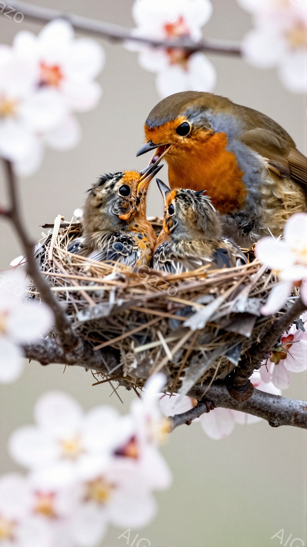 赤い胸を持つ鳥が、巣で口を開けて餌をねだるヒナたちに餌を与えている。背景には白く可憐な花が咲き乱れ、春の暖かな光が差し込んでいる。親鳥の愛情と、春の生命の息吹を感じさせる光景だ。