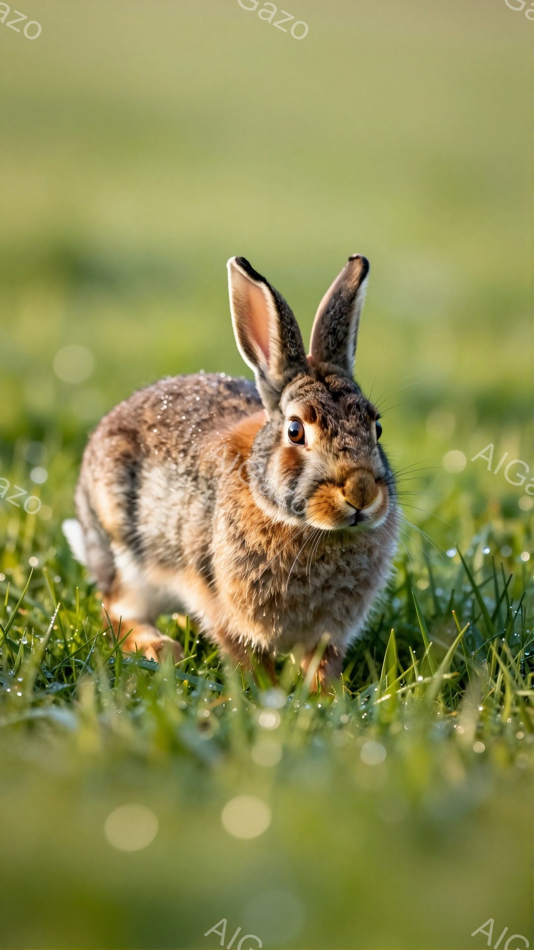 緑の草むらの中に、かわいらしい茶色のウサギが立っています。その毛並みは細かく、瞳は澄んでいて、背景の緑と調和しています。朝日や露が光を反射し、穏やかで優しい雰囲気を作り出しています。 - AI生成フリー素材