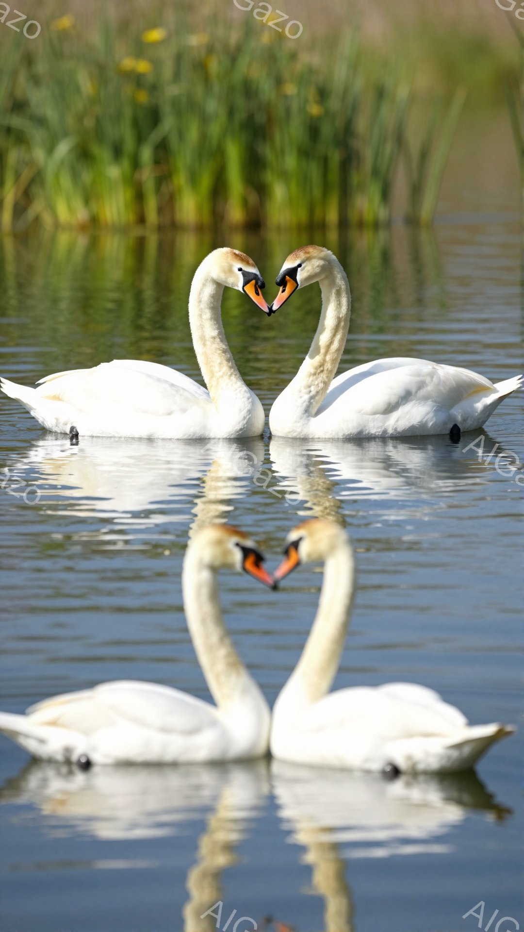 白鳥が水面でハート型の美しい姿を見せています。穏やかな水面に映る姿は幻想的で、周囲の緑とのコントラストが鮮やかです。静かで平和な雰囲気が漂う、愛らしい光景です。
