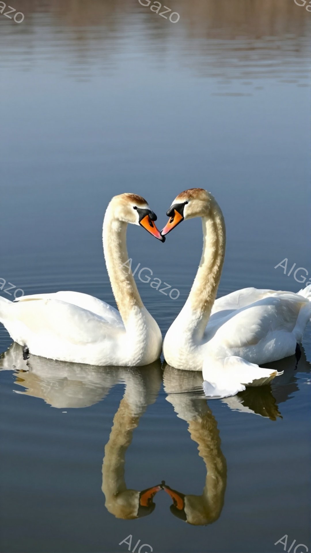 白い白鳥が水面で寄り添い、ハート形を作っています。水面には鳥の姿が美しく映り込み、穏やかでロマンチックな雰囲気を醸し出しています。背景は落ち着いた水色で、静寂な自然の情景が広がっています。 - AI生成フリー素材