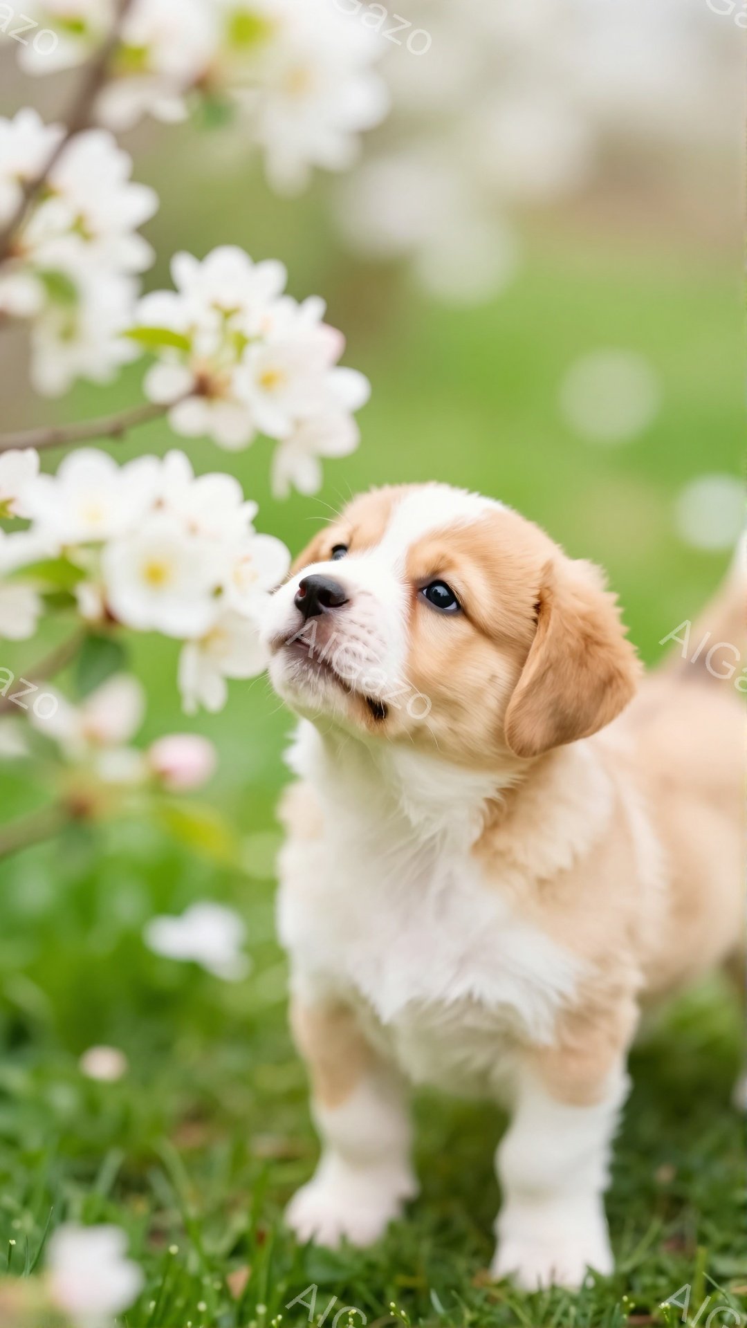 明るい緑の草の上に、茶色と白の毛並みを持つ子犬が立っています。子犬は何かを見上げ、その表情は好奇心と喜びでいっぱいです。背景には白く可愛らしい花が咲き乱れ、春の穏やかな雰囲気を醸し出しています。 - AI生成フリー素材