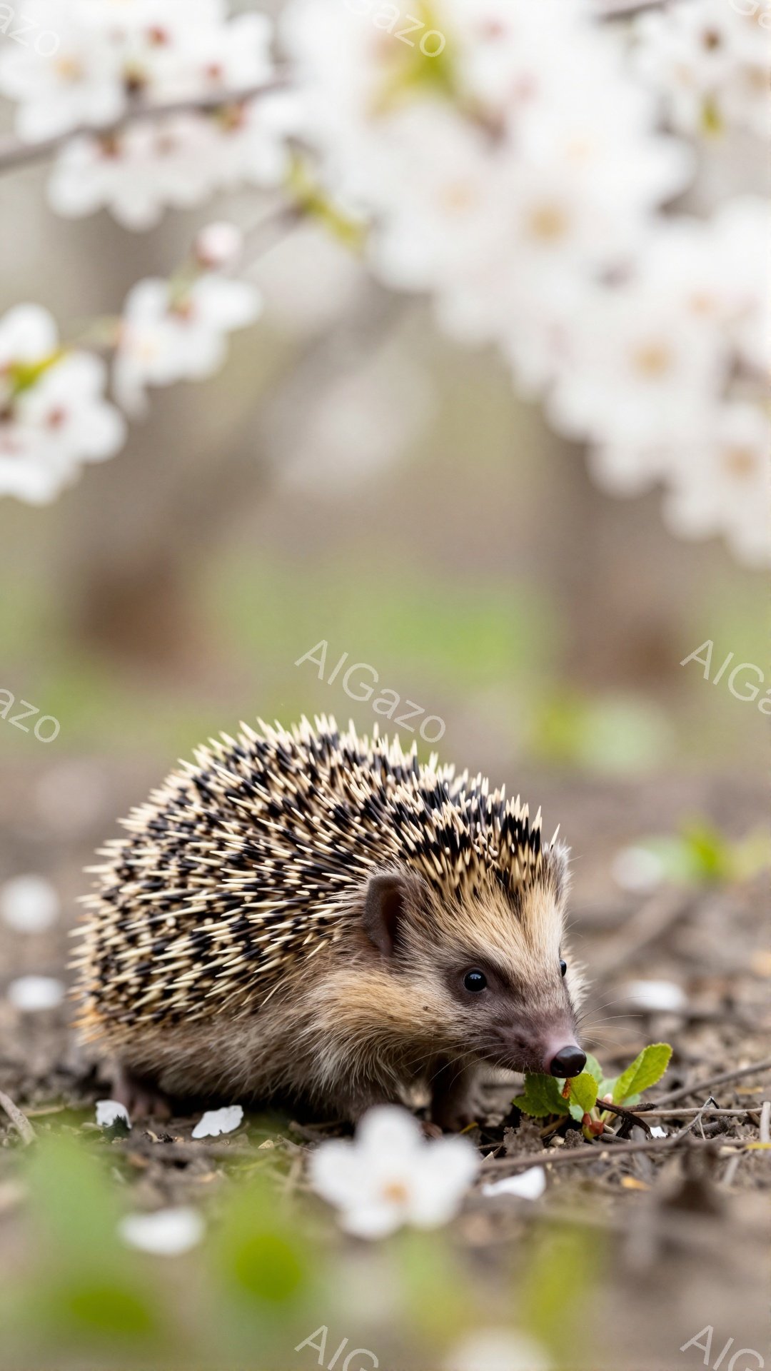 小さなハリネズミが、春の落ち葉と白い花びらの上にいる。丸い体には鋭い棘が生えており、何かを探しているように地面を覗き込んでいる。背景はぼやけており、春の穏やかな雰囲気が感じられる。 - AI生成フリー素材