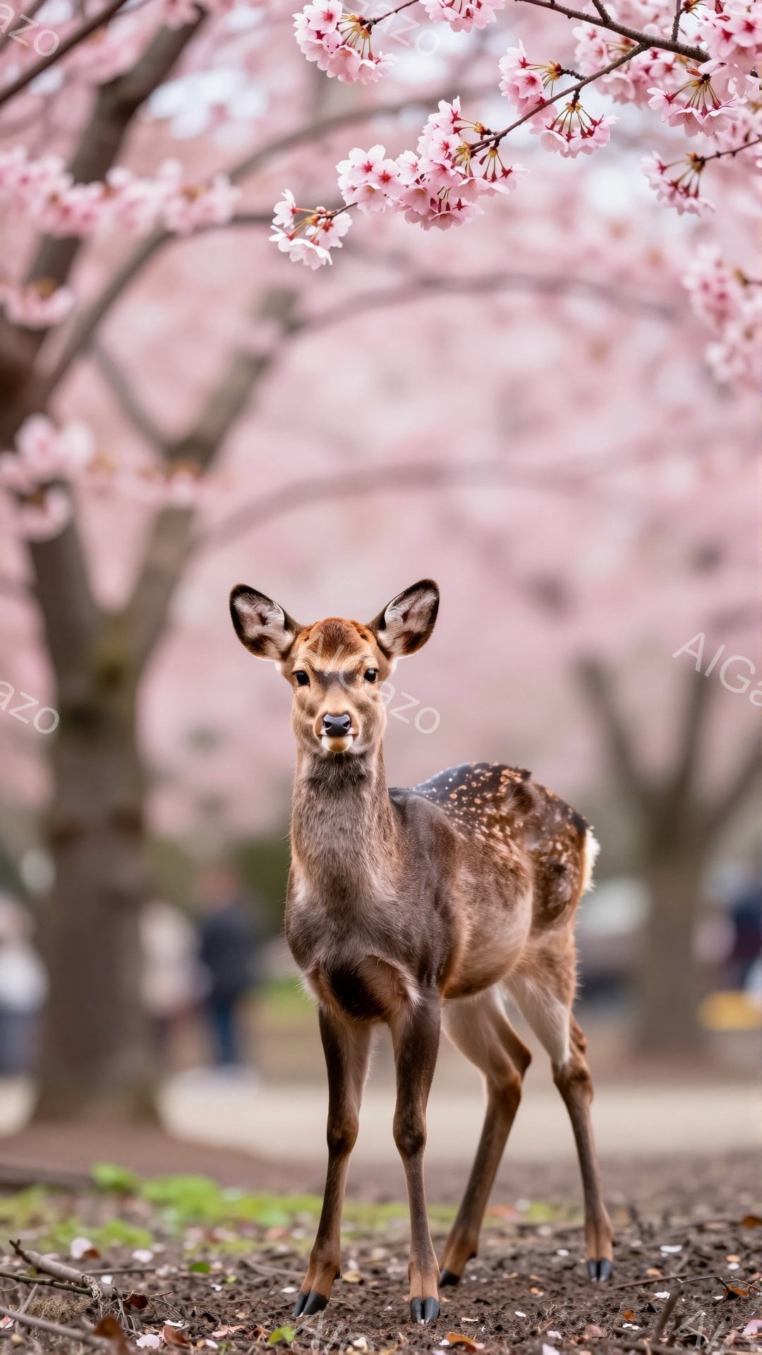 奈良公園で桜並木を背景に、若い鹿がこちらを見つめている。毛並みはまだ斑点で、愛らしい表情をしている。柔らかい光と桜の色が、春の穏やかな雰囲気を演出している。 - AI生成フリー素材