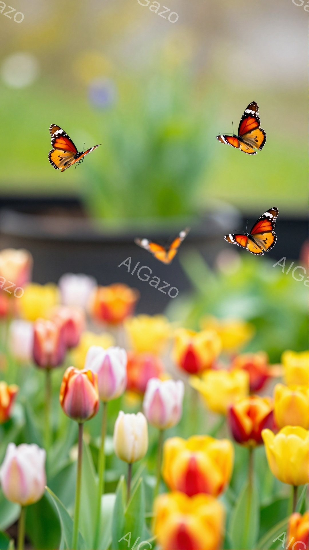 チューリップの花畑の中に、鮮やかなオレンジと黒の蝶が舞っている。花はピンク、オレンジ、黄色など様々な色合いで、背景は緑のぼやけで、春の暖かく柔らかな雰囲気を醸し出している。蝶の優雅な飛行と花の美しさが、穏やかで平和な光景を作り出している。