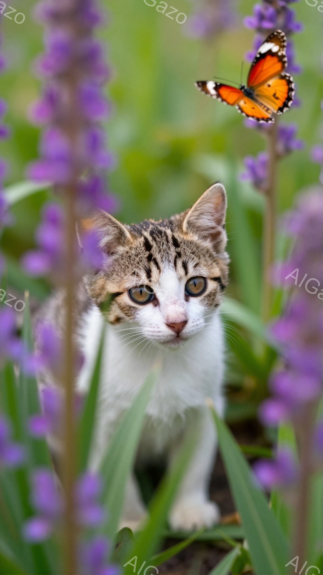 白と茶色の縞模様の小さな子猫が、紫色の花の間からこちらを見つめています。鮮やかなオレンジ色の蝶が子猫の近くを舞っており、春の暖かい日差しの中で遊び心のある雰囲気が漂っています。背景には緑の葉が茂り、自然豊かな様子が伺えます。