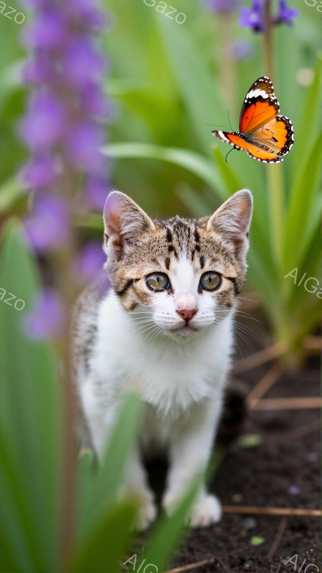 白と茶色の縞模様の小さな子猫が、紫色の花の間で前を見据えています。オレンジ色の蝶が子猫の近くを舞い、好奇心をかき立てる様子が伺えます。背景には緑豊かな植物が広がり、春らしい穏やかな雰囲気が漂っています。