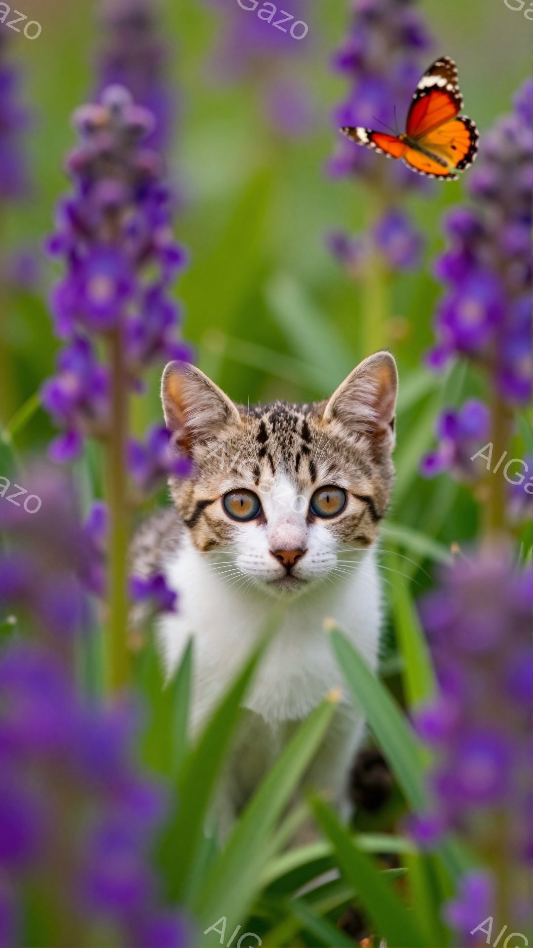 紫色の花の間から、白と茶色の縞模様の小さな子猫がこちらを見つめている。鮮やかなオレンジ色の蝶が子猫の頭上に舞っている。背景は緑豊かで、春の暖かく穏やかな雰囲気を感じさせる。 - AI生成フリー素材