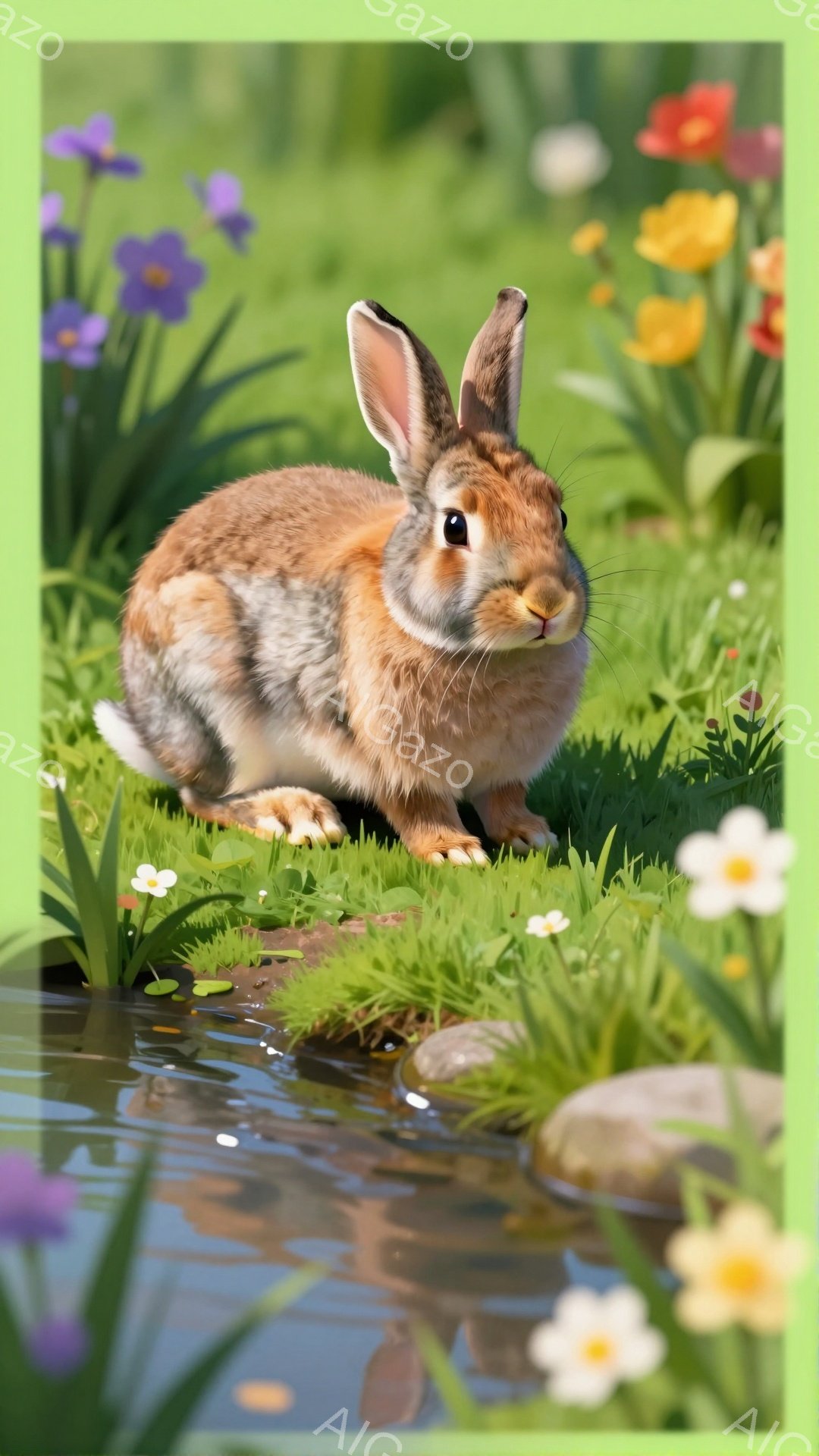 草原で可愛らしい茶色のウサギが座っています。ウサギは注意深く前を見つめ、周囲のカラフルな花や緑の植物に囲まれています。背景には、水面がきらめく小川が見え、穏やかな春の雰囲気を醸し出しています。