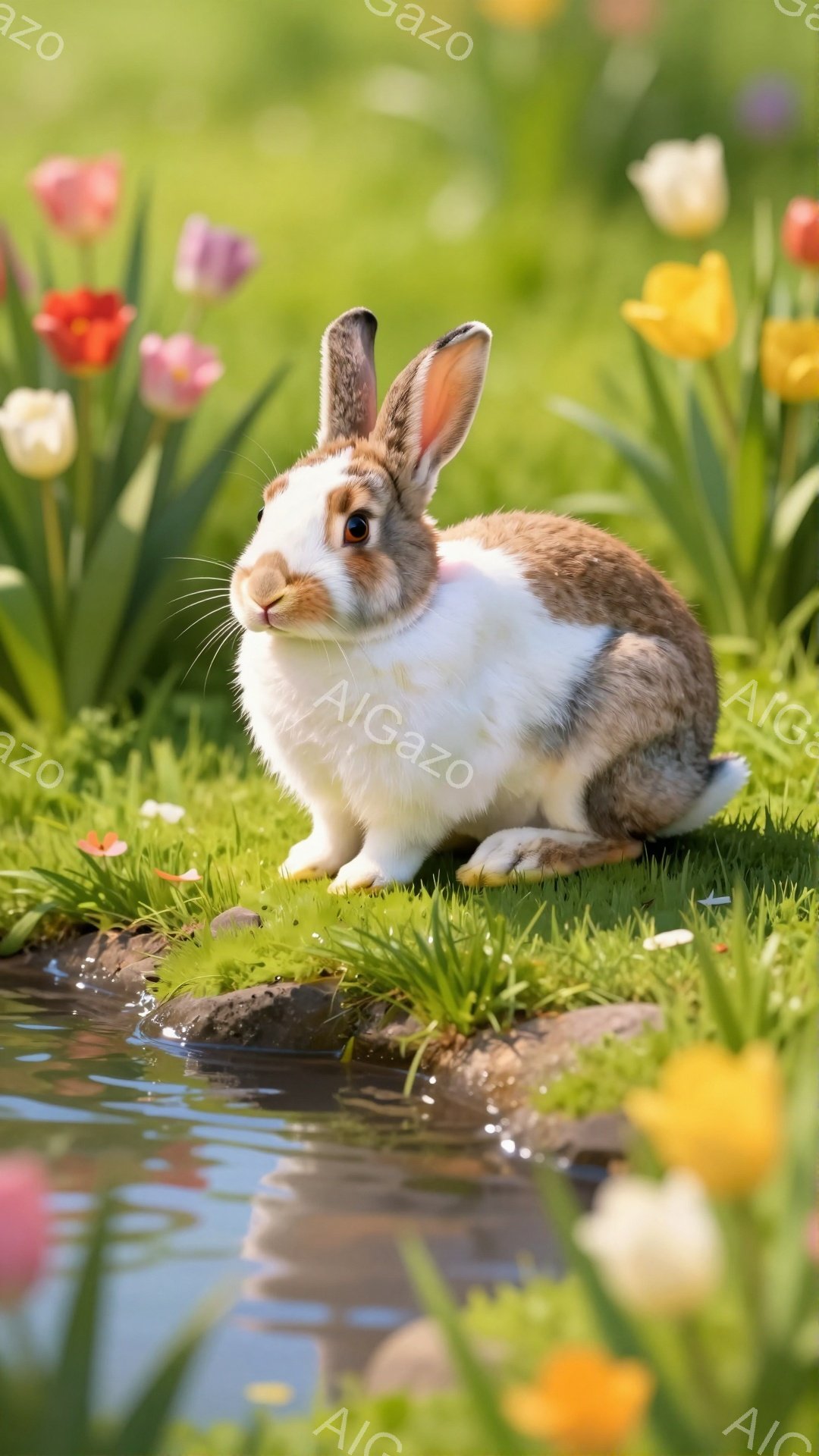 白と茶色のウサギが緑の草の上に座り、鮮やかなチューリップの花が咲き乱れる春の庭にいます。ウサギは顔を少し上げて何かを見つめており、穏やかで平和な雰囲気です。水辺に反射する姿が、自然の美しさを強調してい - AI生成フリー素材