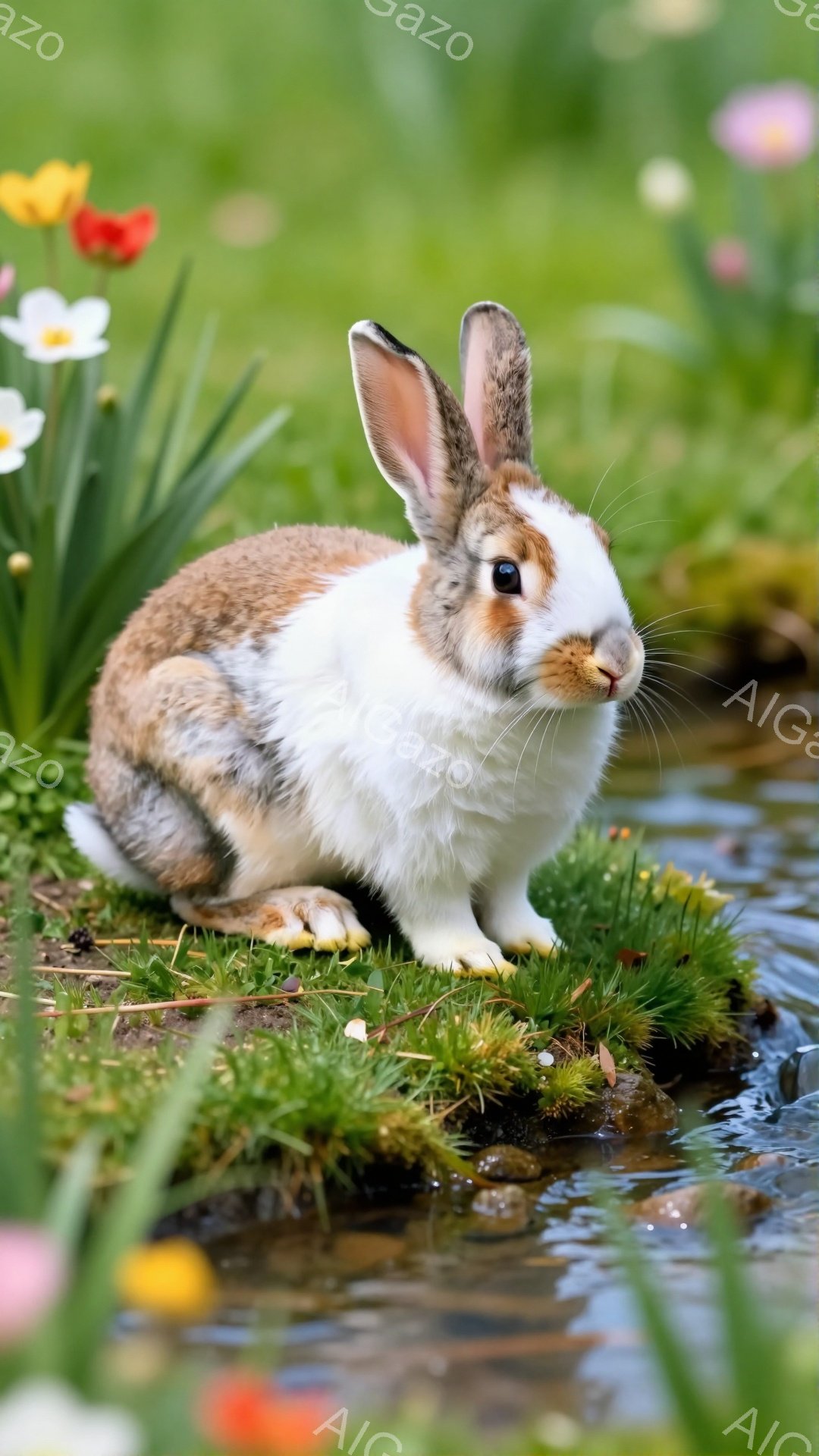 白と茶色の毛並みを持つウサギが、緑豊かな草むらのそばで座っています。そのウサギは少し前かがみになり、何かを警戒しているような表情をしています。背景には色とりどりの花が咲き乱れ、穏やかで自然な雰囲気を醸 - AI生成フリー素材