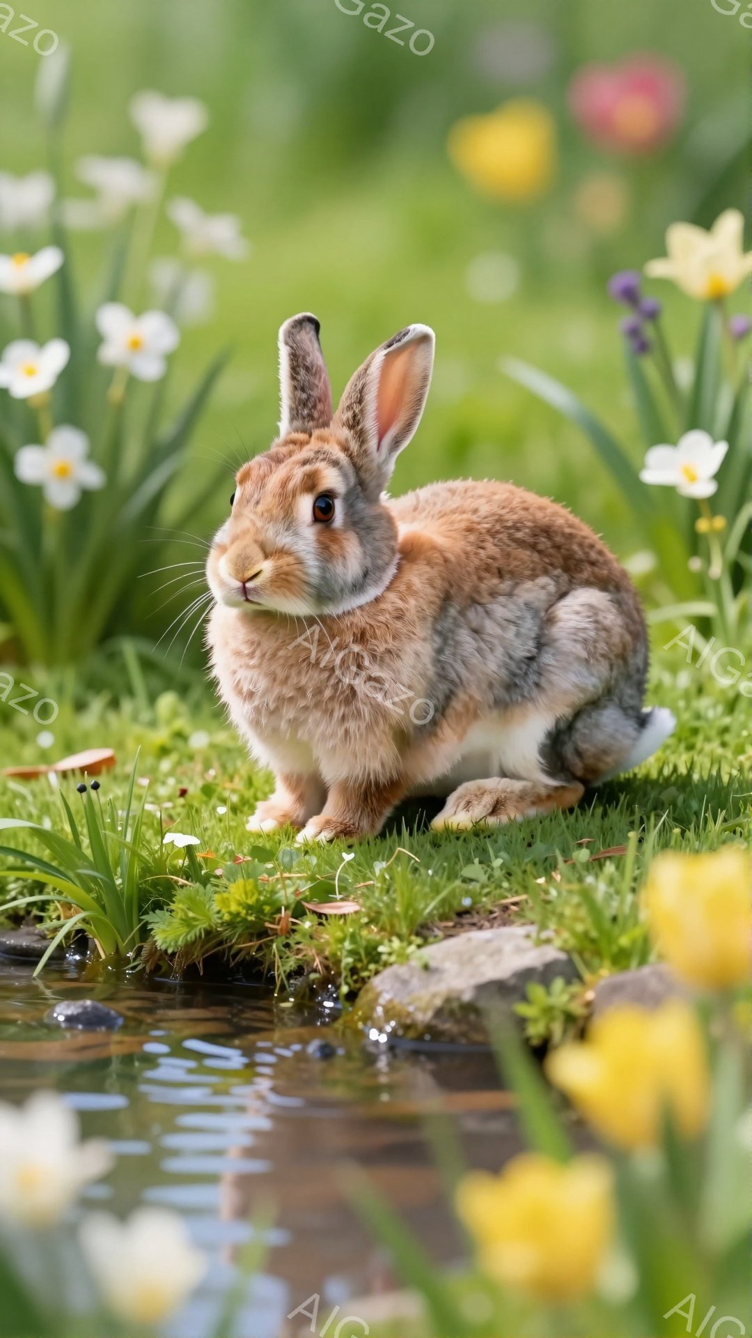 緑豊かな草地で、オレンジ色の毛並みのウサギがこちらを見つめています。周囲には、鮮やかな黄色のスイセンや白い花が咲き乱れ、春の暖かい日差しが感じられます。ウサギの表情は穏やかで、平和な雰囲気を醸し出して - AI生成フリー素材