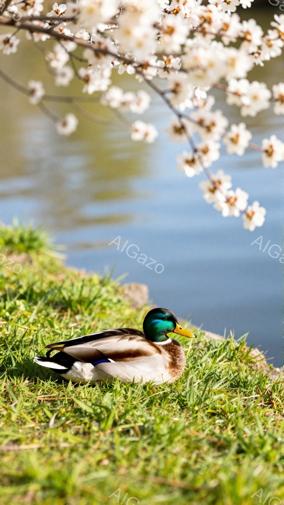 緑の草の上にアヒルが座っており、背景には桜の花が咲き乱れている。アヒルの鮮やかな色が、柔らかい春の光の中で際立っている。穏やかな水面と桜の美しさが、平和で静かな雰囲気を醸し出している。
