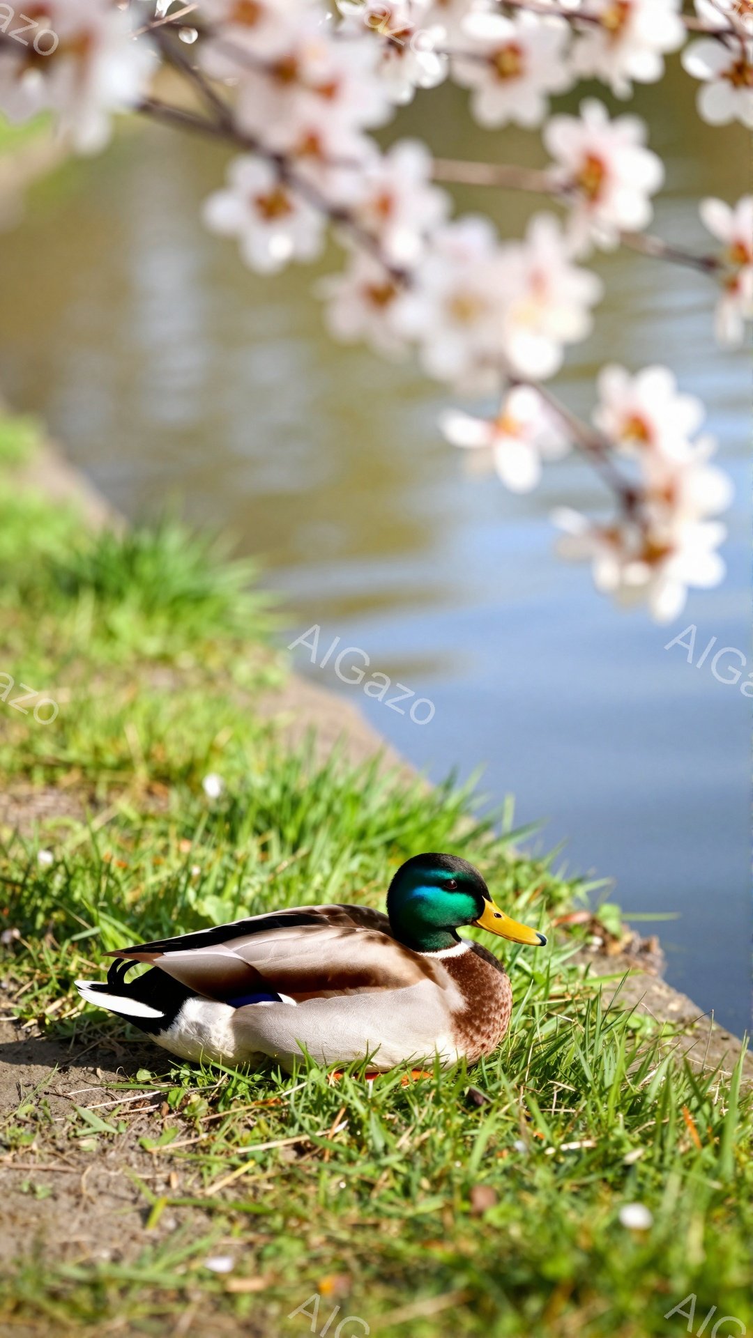 アヒルが緑の草の上に横たわっています。背景には、ぼやけた桜の花と水面が見え、春の穏やかな雰囲気を醸し出しています。アヒルの鮮やかな緑色の頭が印象的です。