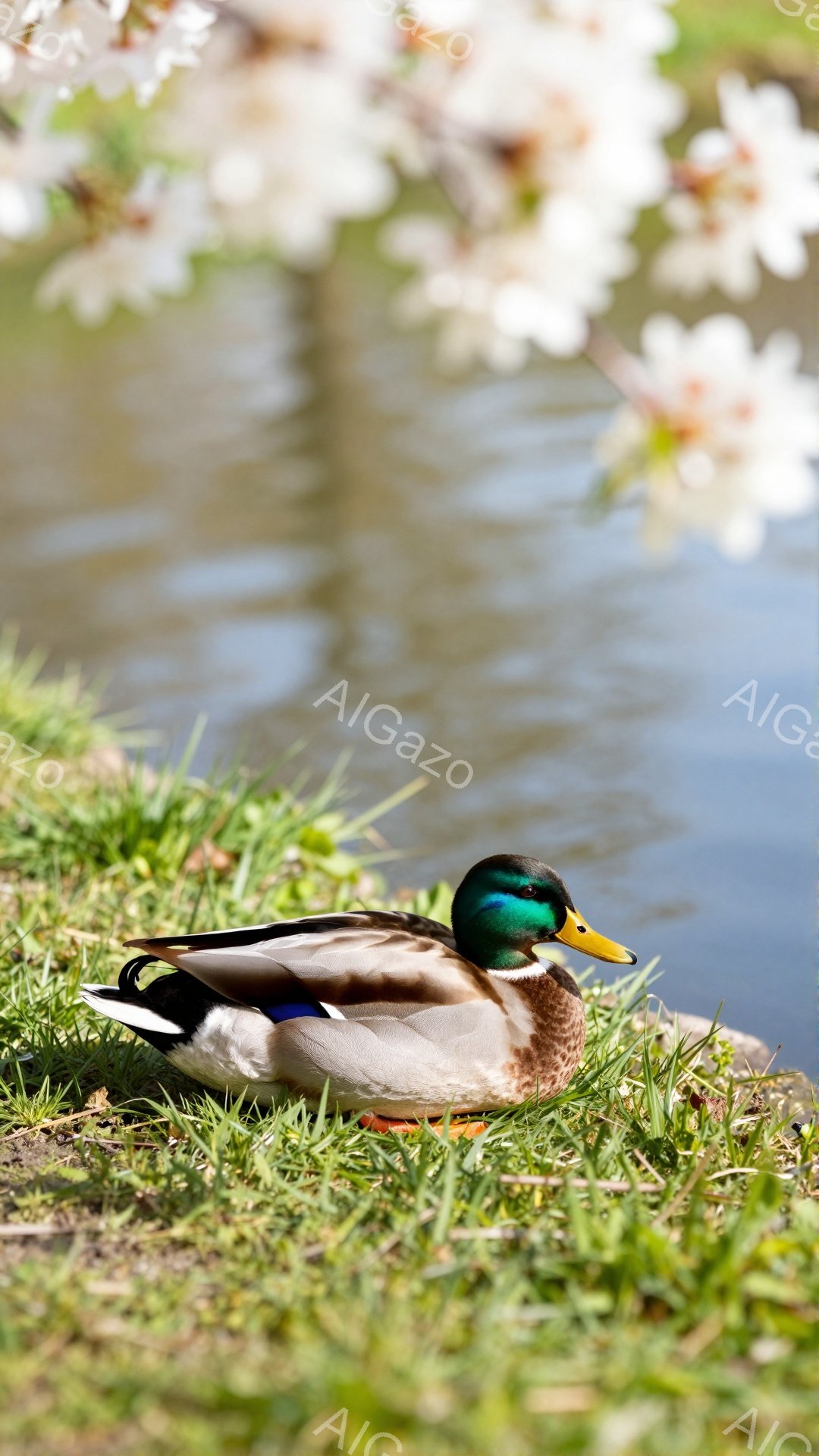 緑の草の上にアヒルが横たわっています。背景には、ぼやけた桜の花が咲き、春の穏やかな雰囲気を醸し出しています。アヒルの鮮やかな色彩が、優しいパステルカラーの桜と対照的です。